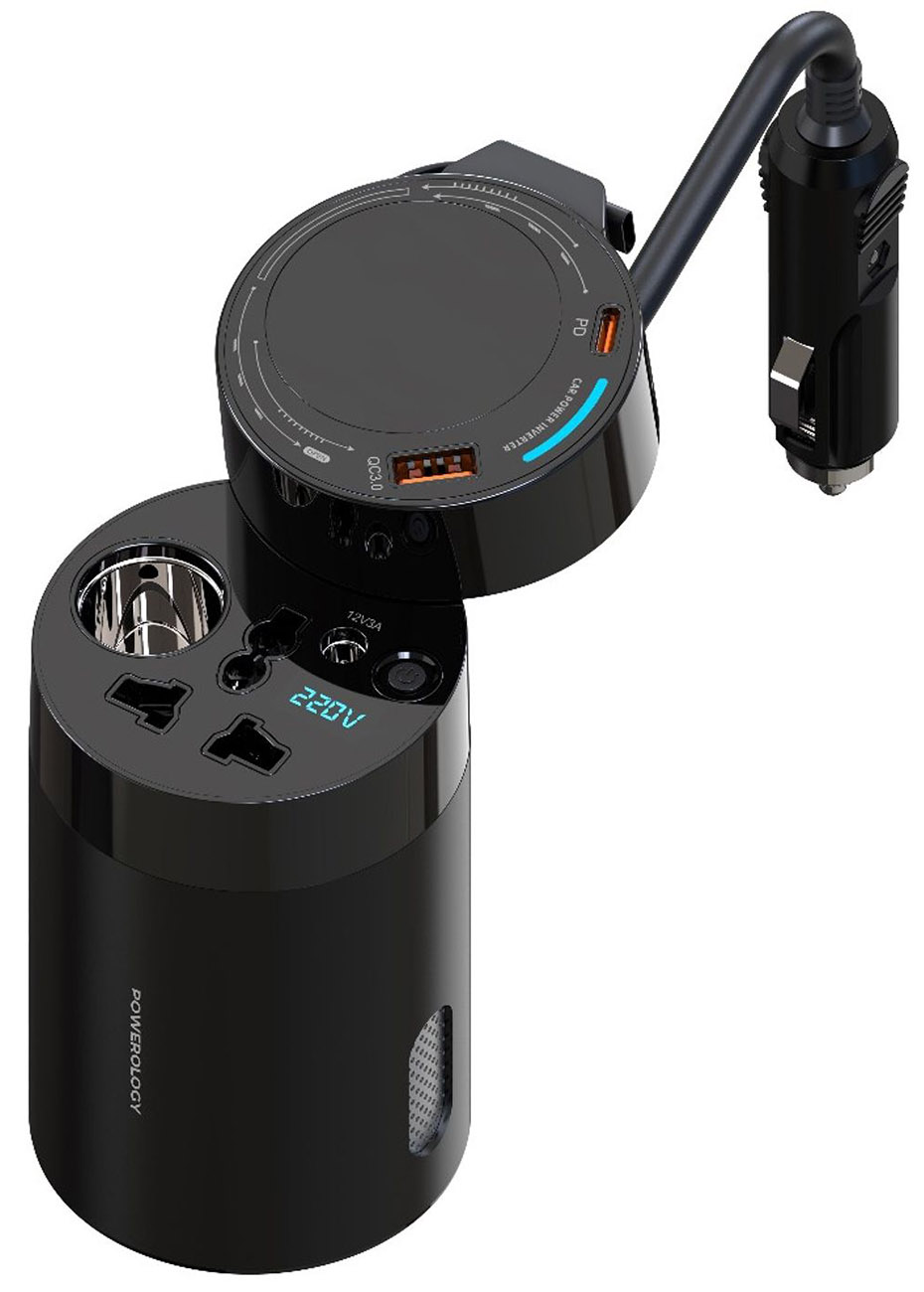محول طاقة للسيارة من باورولوجي / قوة 200 واط / واير تايب سي مدمج / مداخل متعددة / شاشة LED 