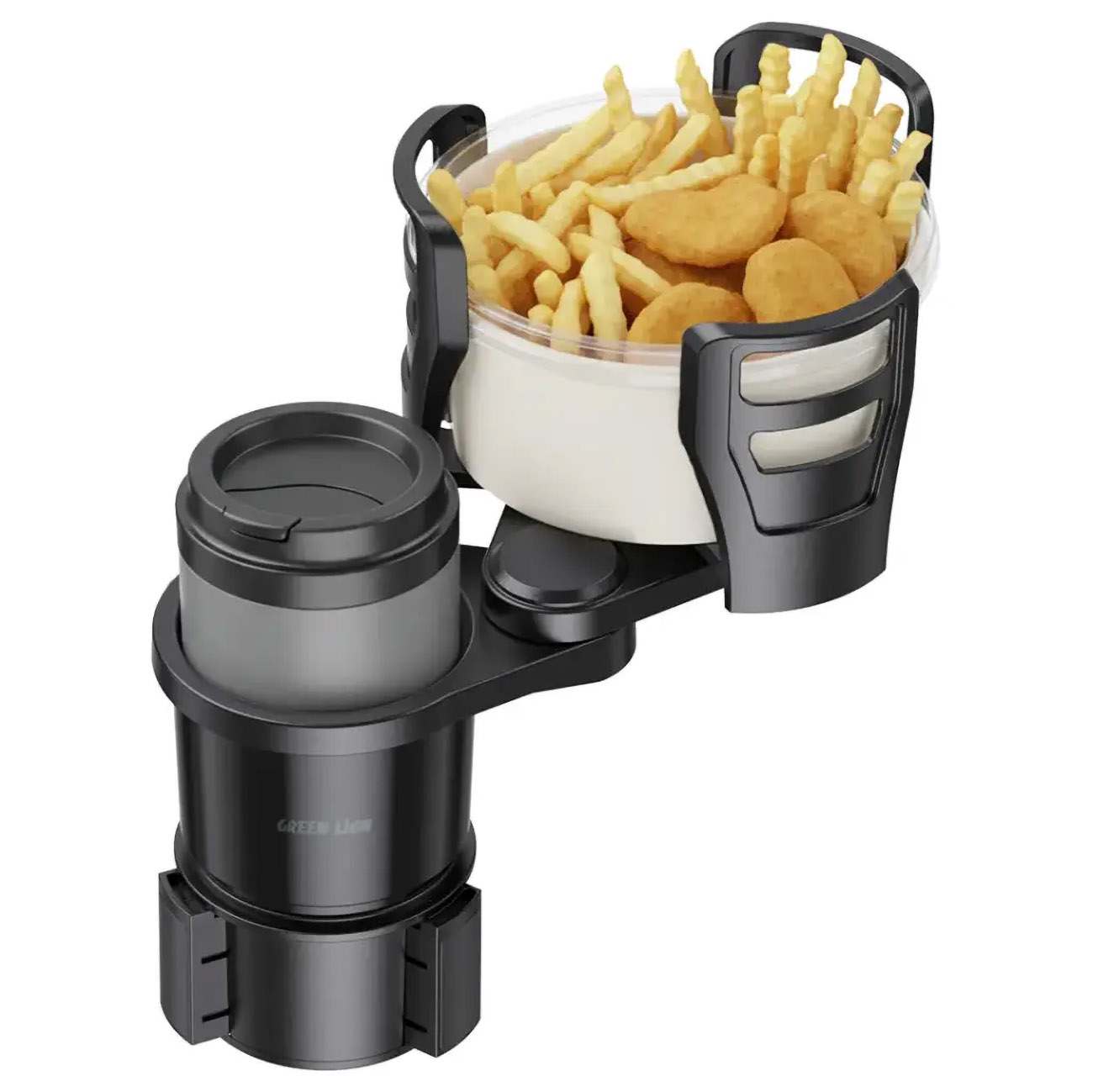 Green Car Cup Holder Stand with Expandable Food Tray / Supports 2.6 to 3.9 inch Cups