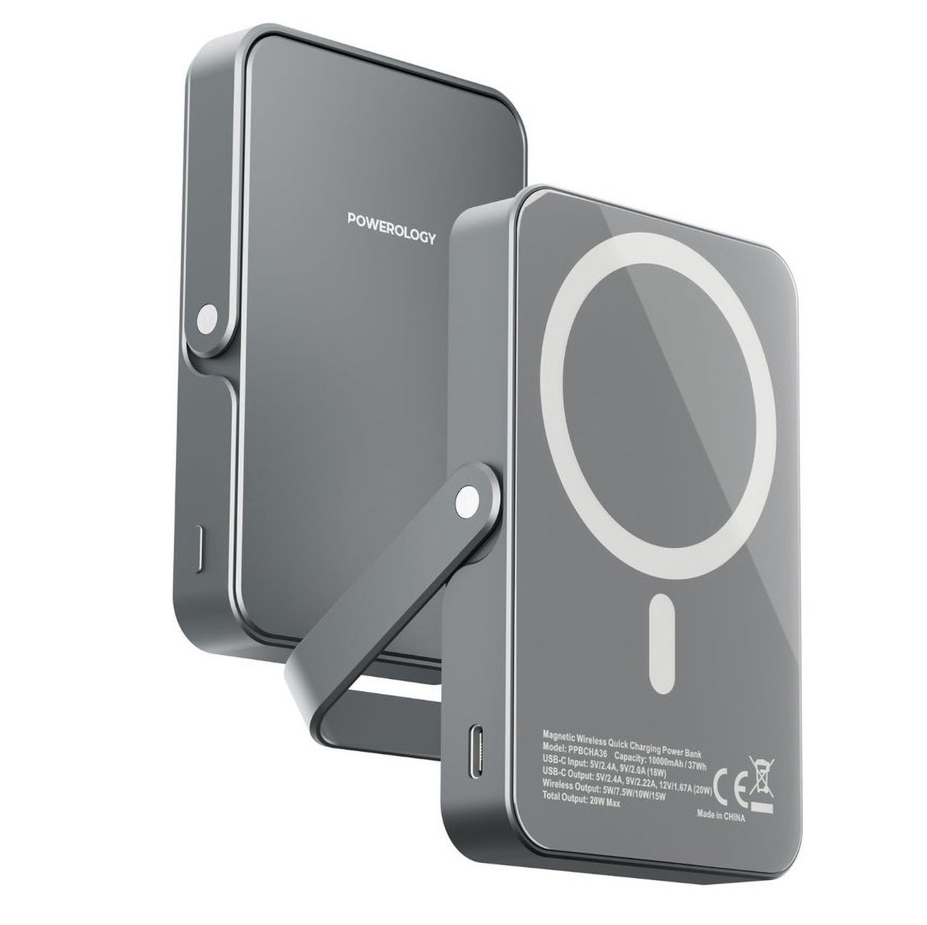 بطارية Spetemor اللاسلكية من باورولوجي / سعة 10 الاف mAh / مع مدخل تايب سي / ستاند مدمج / رمادي 