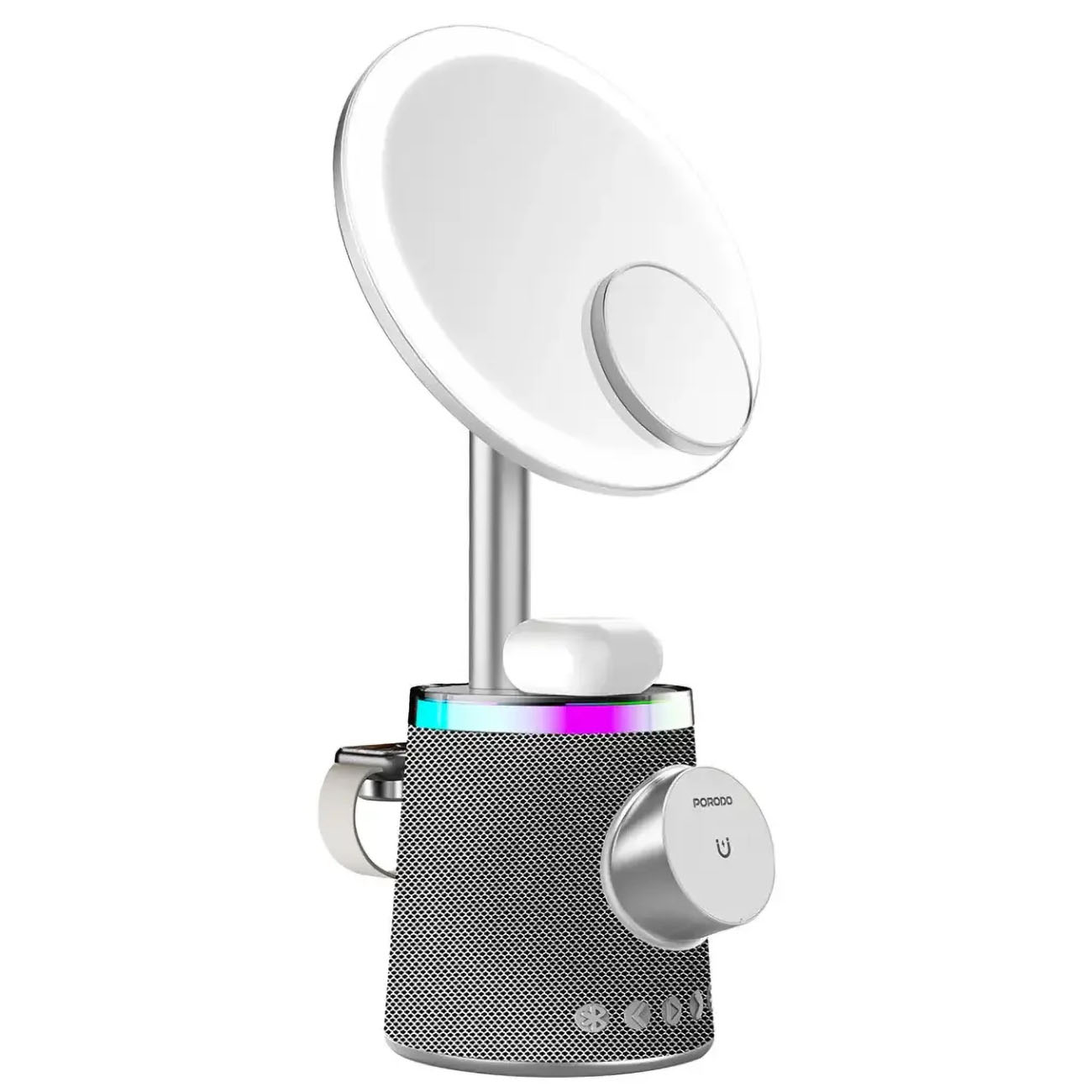 مراية مكياج من بورودو / مع شاحن لاسلكي للجوال + الايربودز + الساعة / مع سبيكر مدمج / فضي 