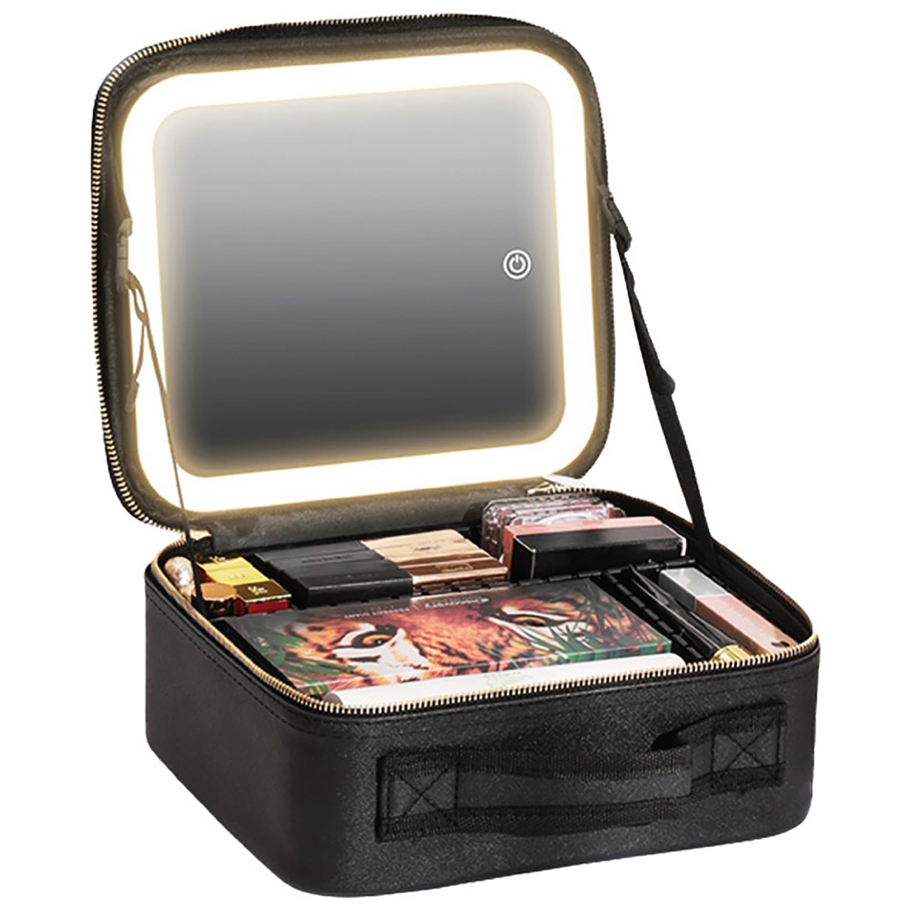 Green Makeup Bag with Mirror / LED Light / 3 Brightness Levels / Battery Powered / Water-Resistant