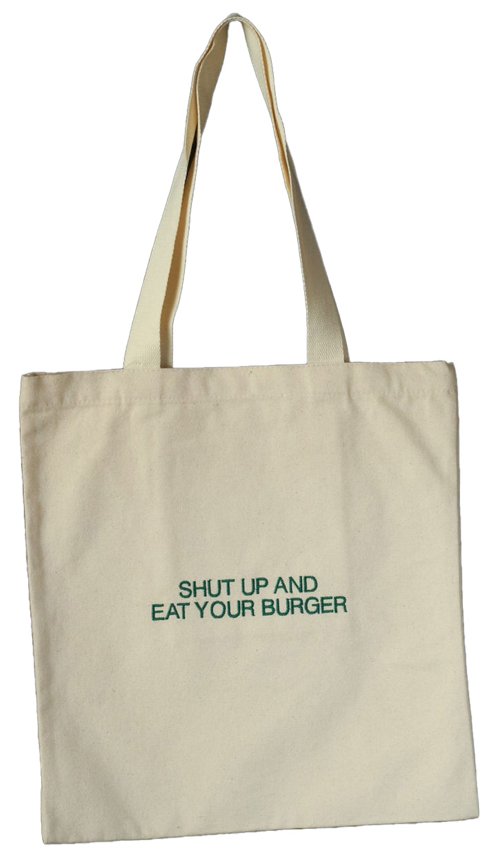 شنطة Tote Bag من Sada / مع تطريز Shut Up Eat Your Burger / ابيض