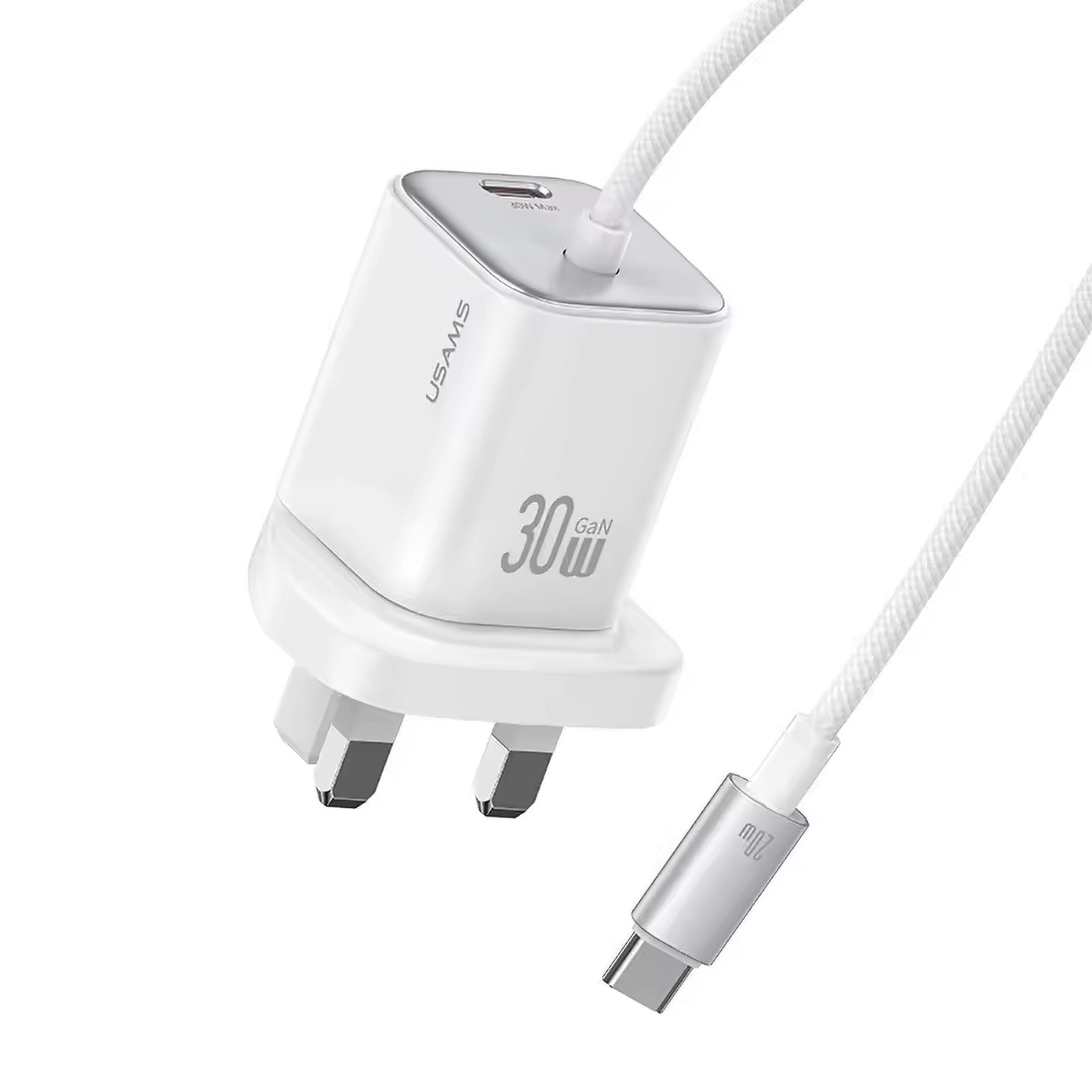 Usams GaN Charger / With Type-C Port + Built-in Type-C Cable / 30W Power / White