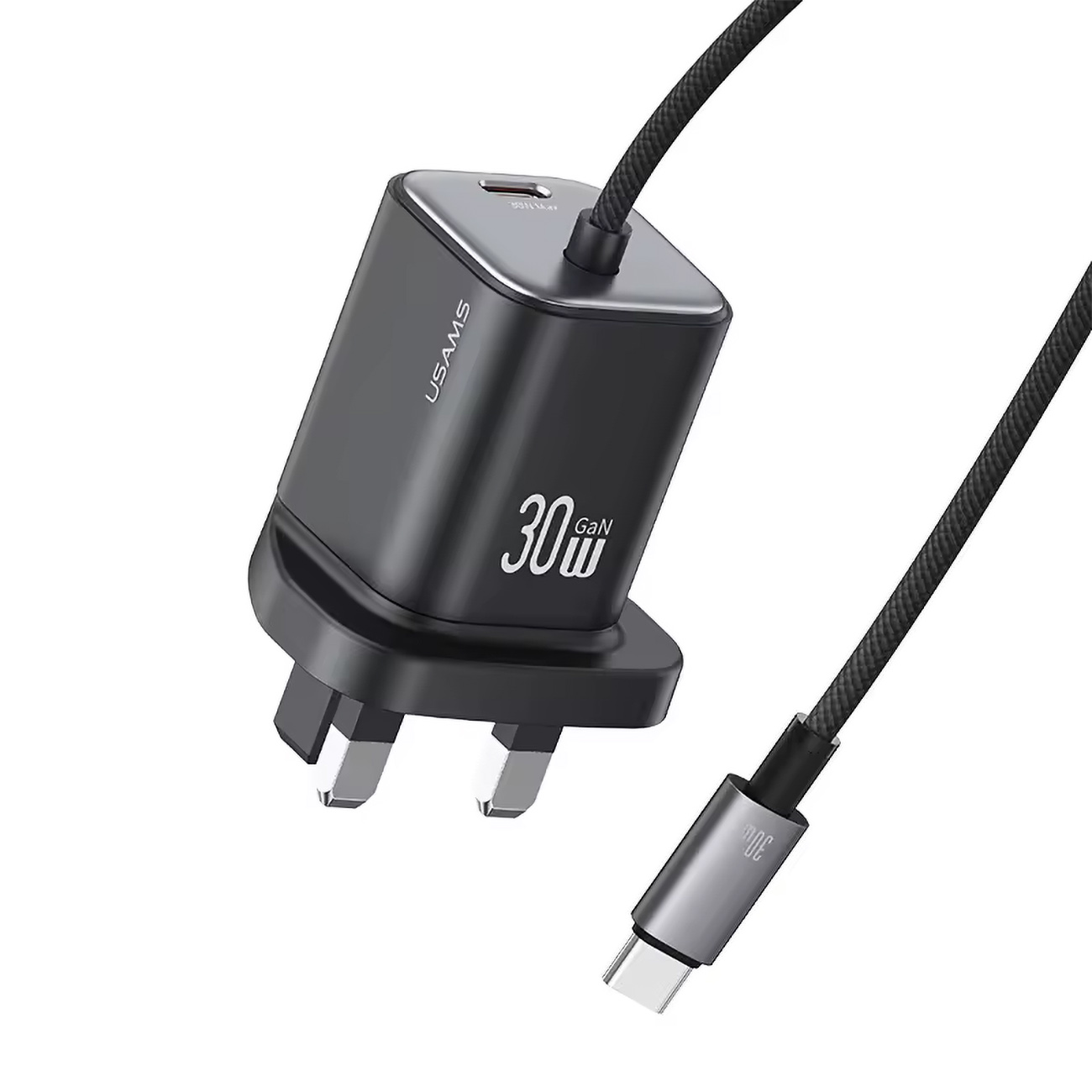 Usams GaN Charger / With Type-C Port + Built-in Type-C Cable / 30W Power / Black
