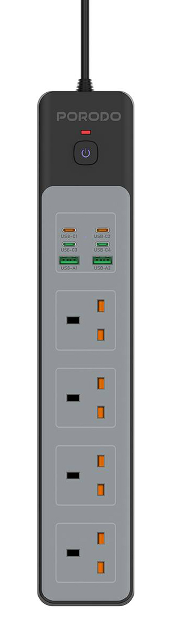 Porodo Power Strip / 4 AC Sockets + 4 Type-C Ports + 2 USB Ports / 3000W Power / Black