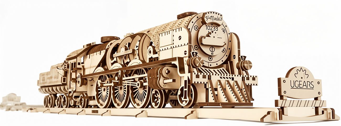 Ugears Mechanical Model Kit / Wooden Pieces / Unique 3D Design / V-Express Steam Train