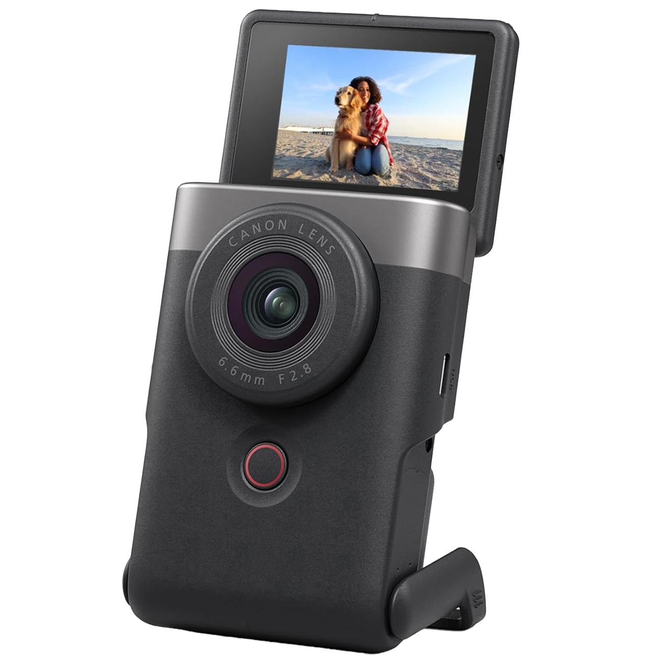 كاميرا كانون V10 بدقة 4K / ستاند مدمج / متنقلة / مع ادوات احترافية للتصوير و الانتاج / فضي