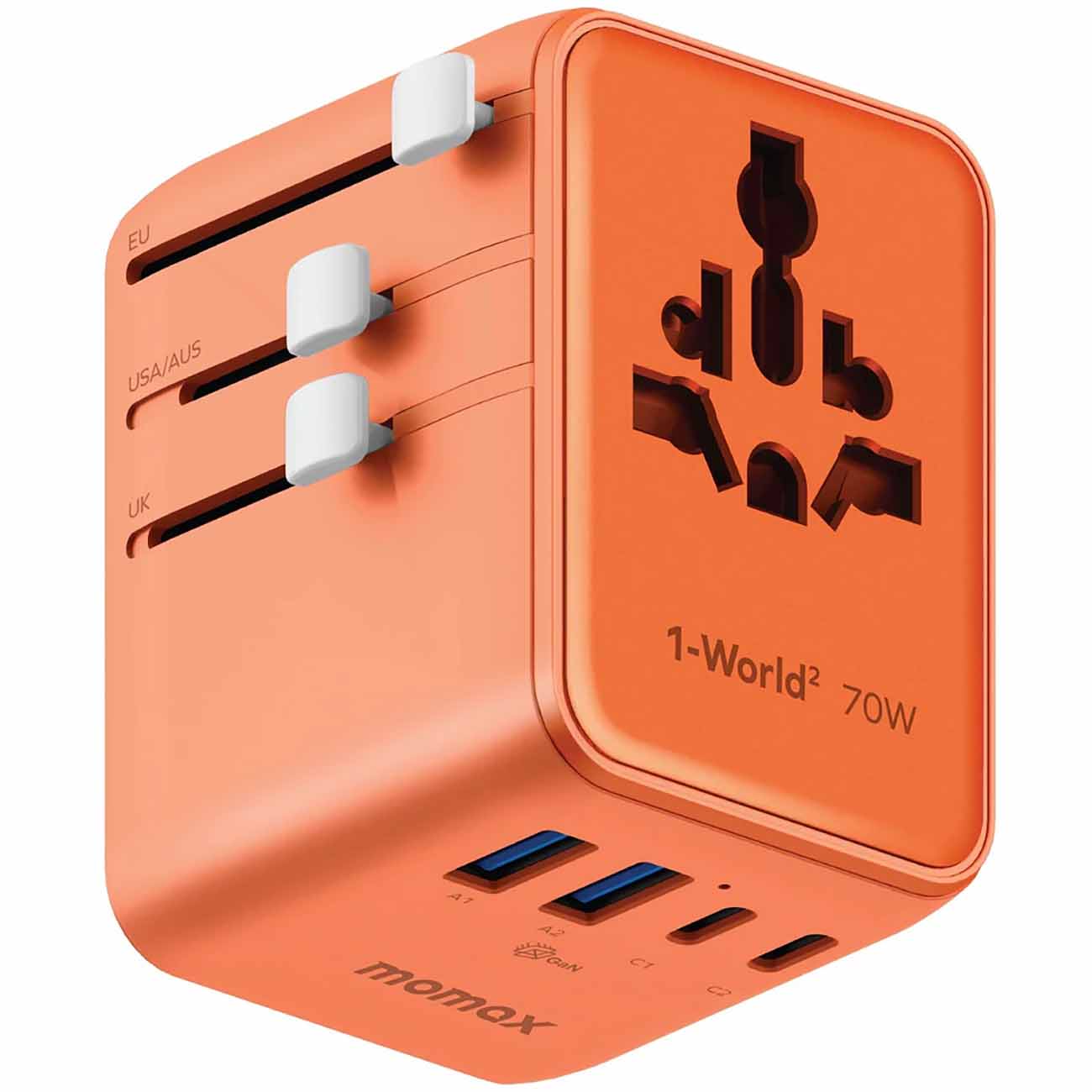 Momax Travel Charger / 2×USB-A + 3×USB-C Ports / 70W / GaN Technology / Worldwide Use / Orange