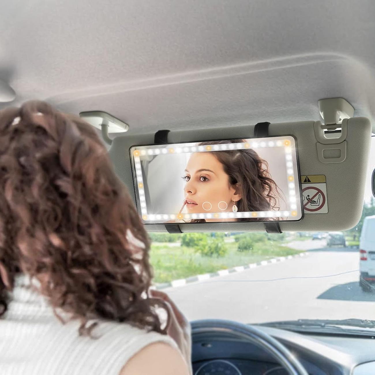 مراية مكياج LED للسيارة / مع حزام تثبيت / 3 مستويات اضاءة / تعمل بالبطارية / اسود