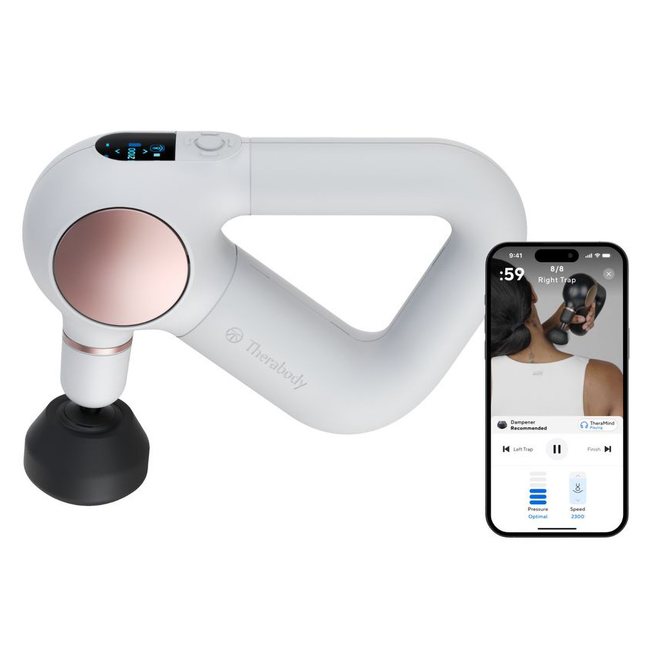 TheraGun Sense Massage Gun / LCD Screen / Bluetooth Connectivity / 5 Speeds / 4 Extra Heads / White