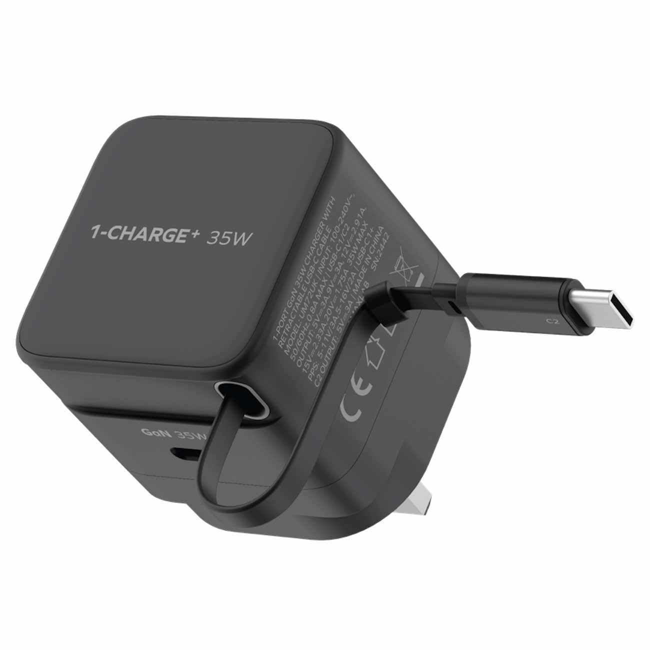 شاحن Momax 1-Charge بلس / قوة 35 واط / مدخل تايب سي / واير تايب سي مدمج / تقنية GaN / اسود