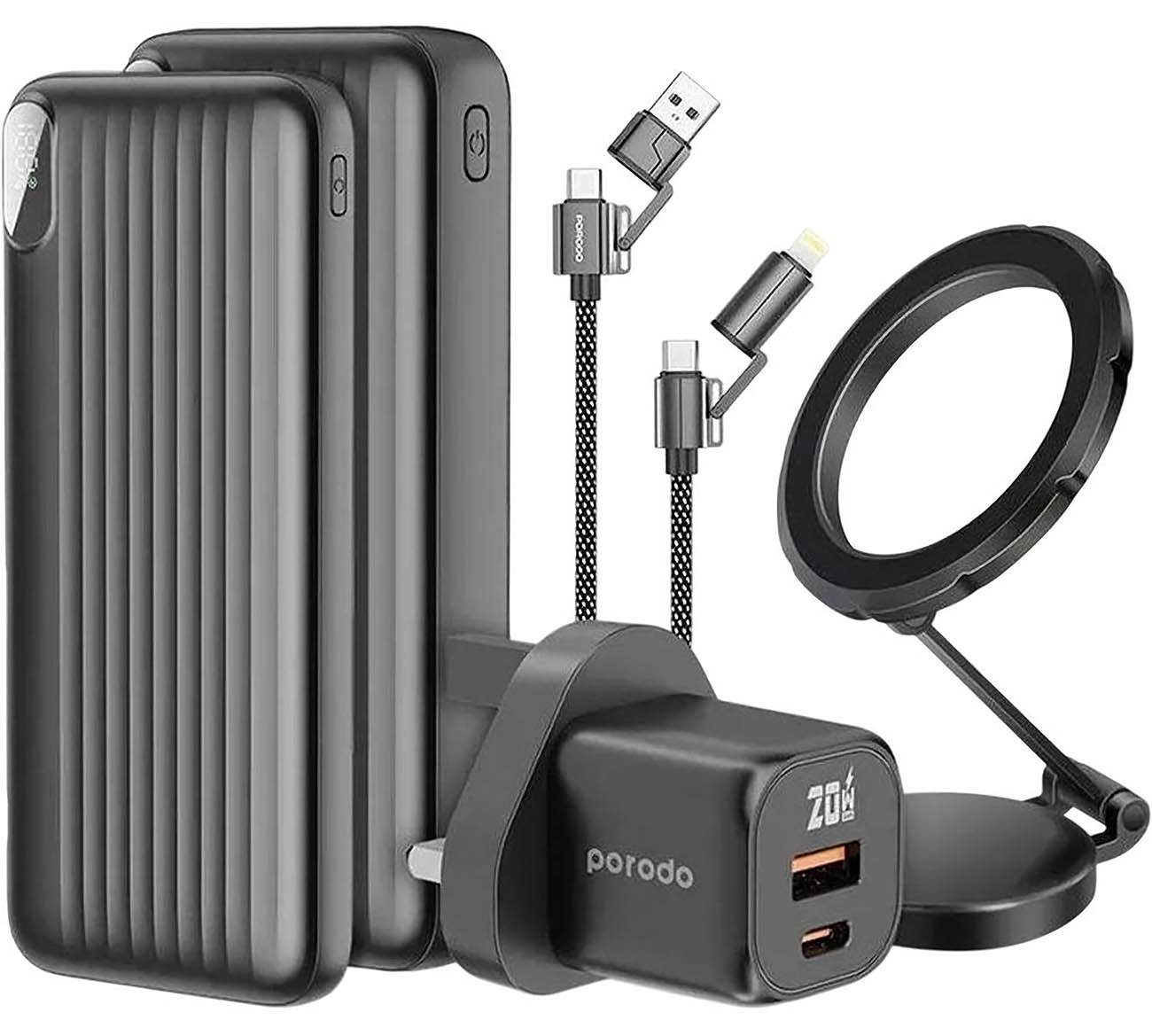 حزمة سفر من بورودو / شاحن + 2 باور بانك + واير متعدد المداخل + ستاند سيارة / مع شنطة تخزين 