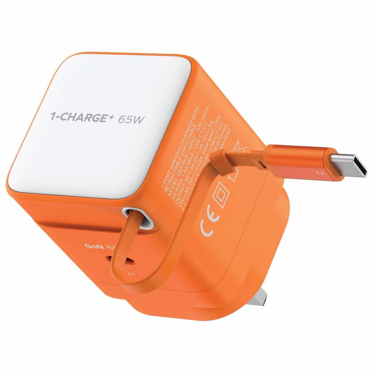 Momax 1-Charge Plus Charger / 65W Power / Type-C Port / Built-in Type-C Cable / Orange