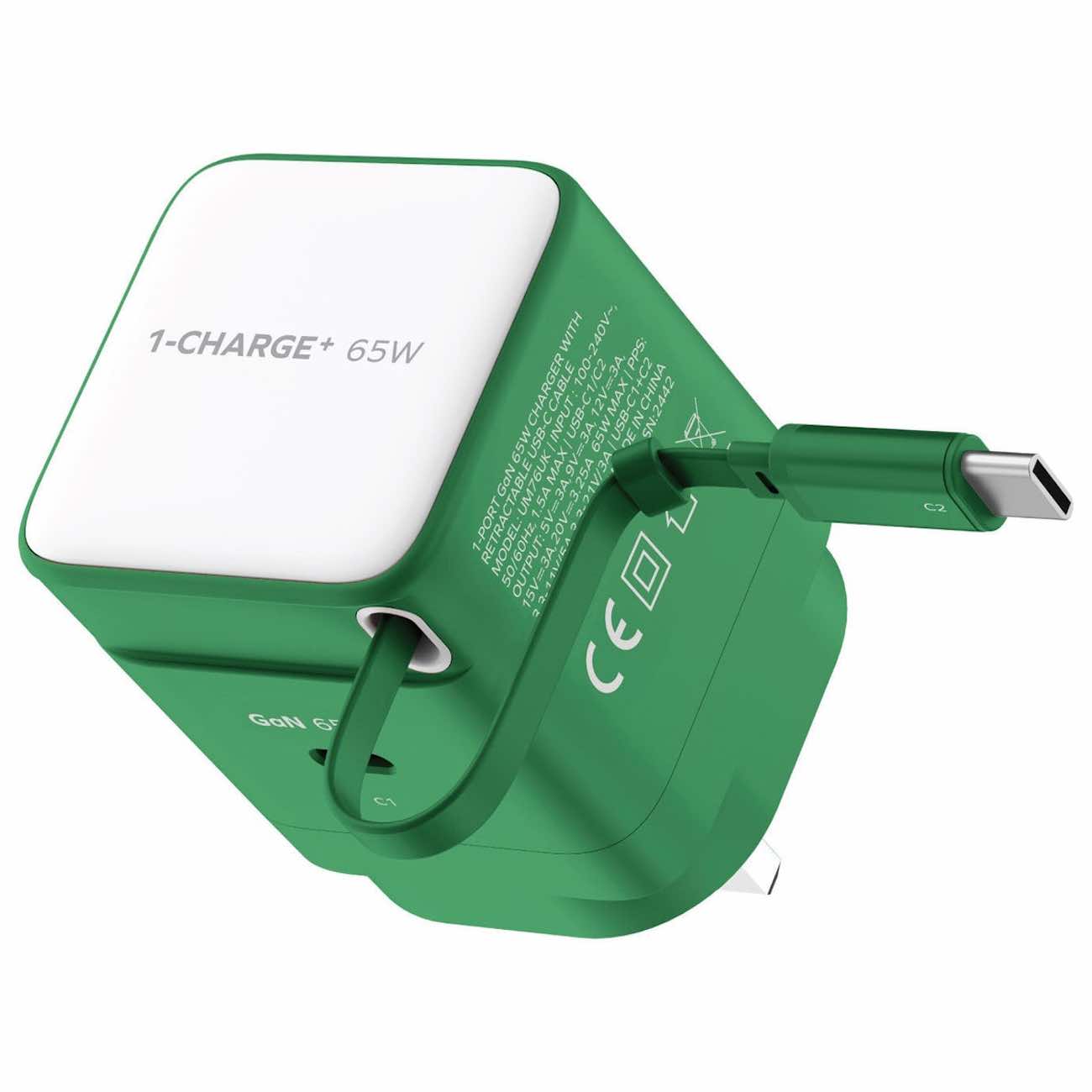 Momax 1-Charge Plus Charger / 65W Power / Type-C Port / Built-in Type-C Cable / Green