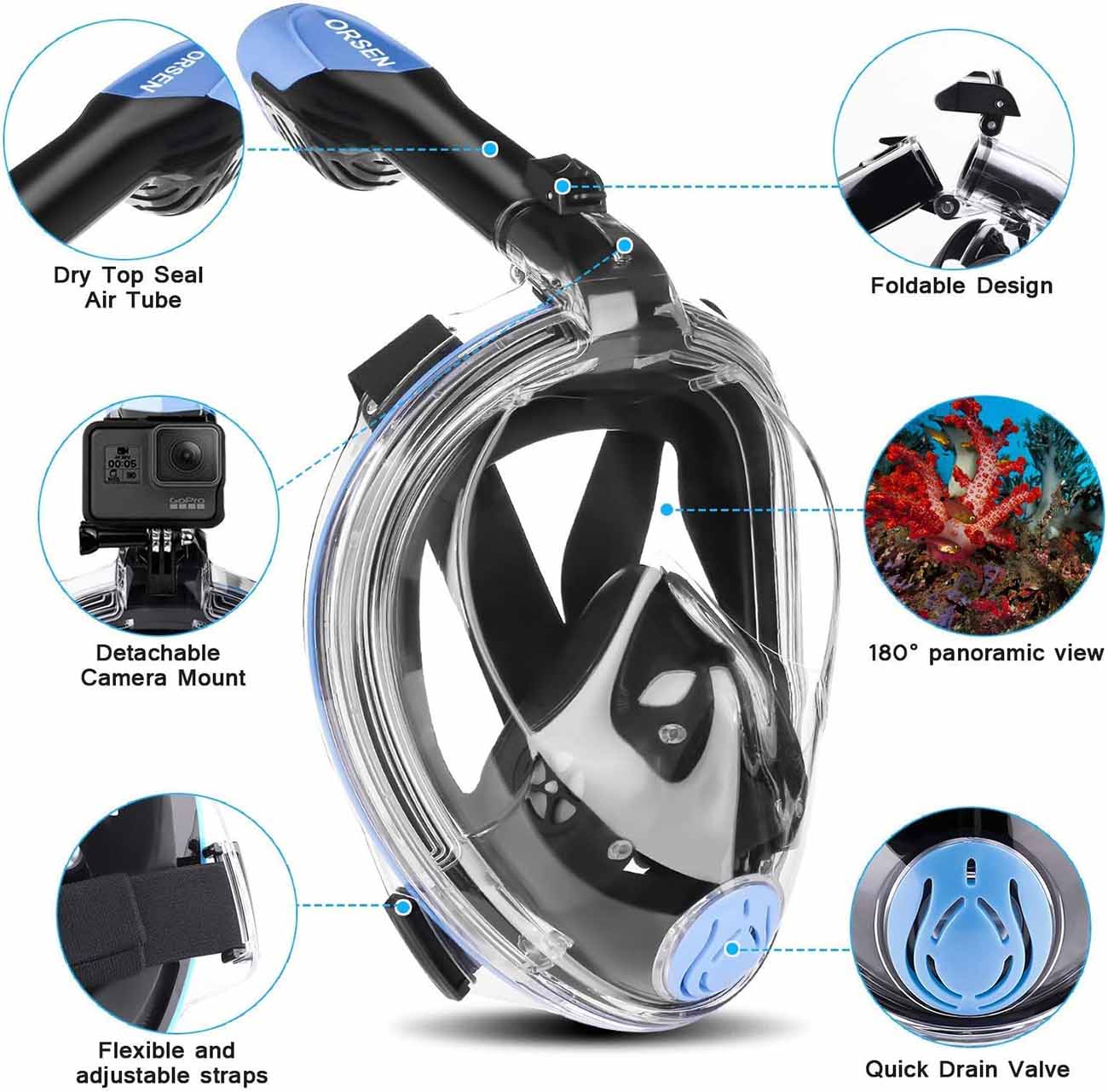 Orsen Adult Diving Mask / Full Face Coverage / With Camera Mount ...