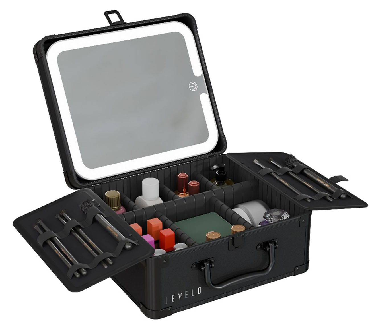 بوكس لتخزين المكياج من Levelo / مع مرايه و اضاءة مدمجة / فواصل داخلية / 3 مستويات للاضاءة