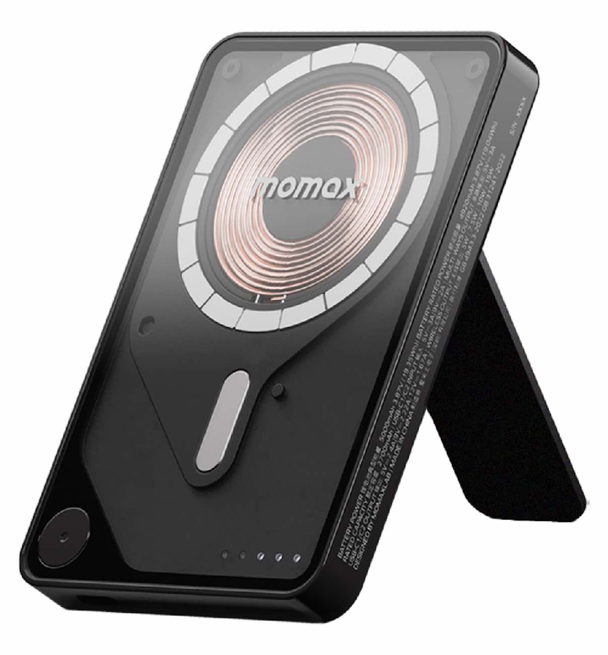 بطارية Momax 1-Power اللاسلكية / سعة 5000 mAh / مع ستاند + واير تايب سي مدمج / ماج سيف / اسود