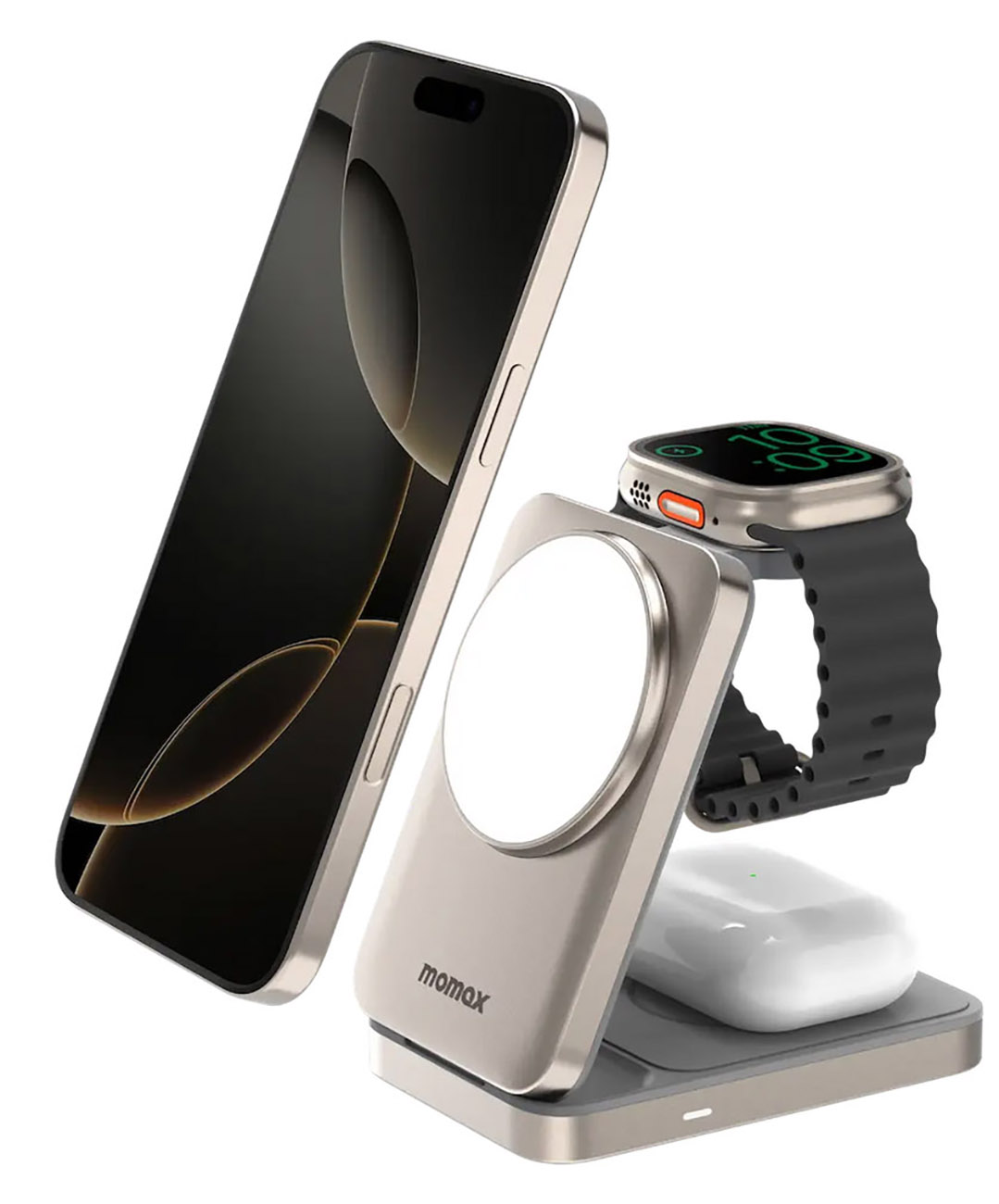 Momax 1-Charge Q.Port Stand & Charger / For Phone + Watch + AirPods / Supports MagSafe / Titanium