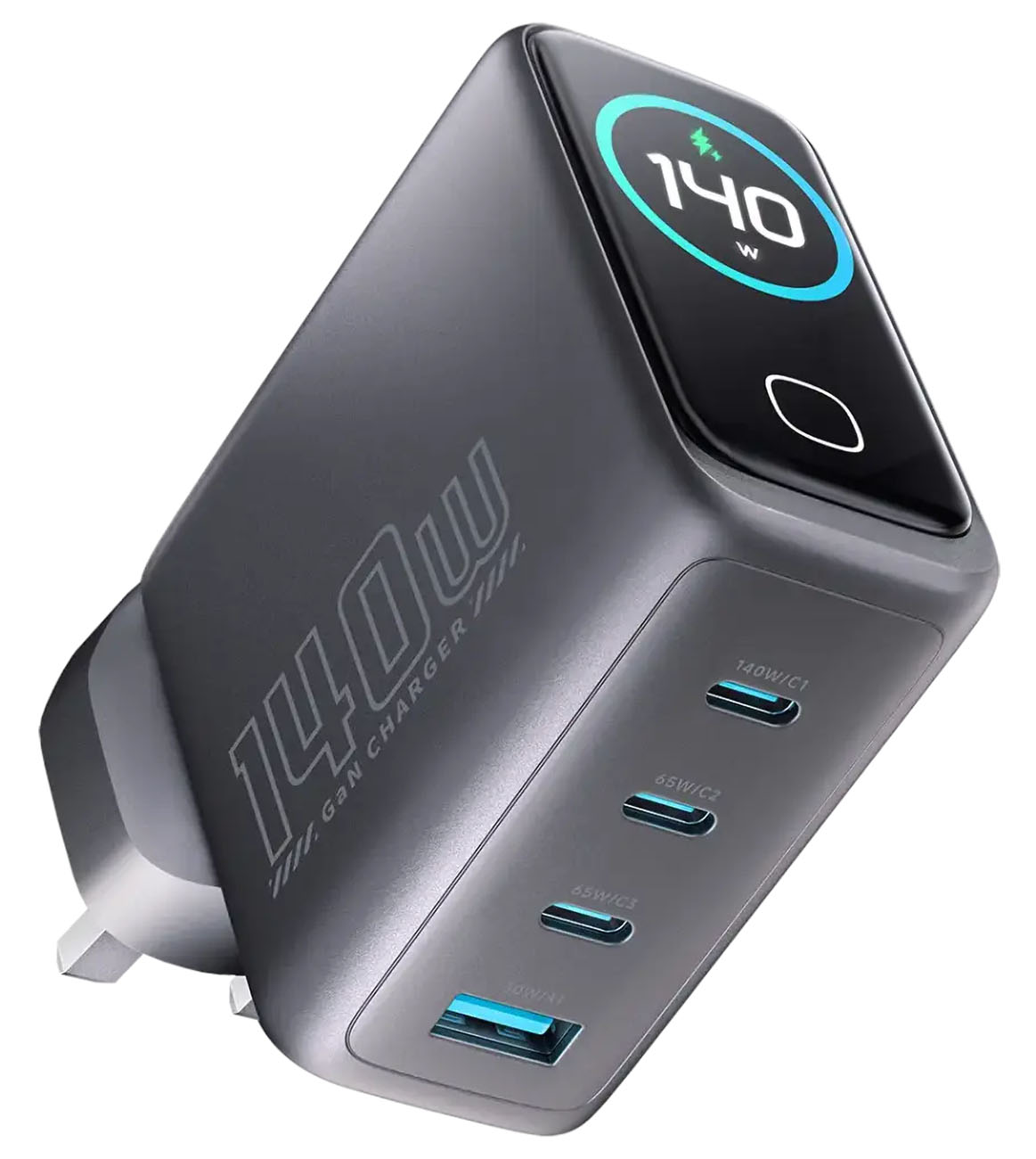 شاحن VoltFlow GaN من باورولوجي / 3 مداخل تايب سي + مدخل USB / قوة 140 واط / شاشة TFT