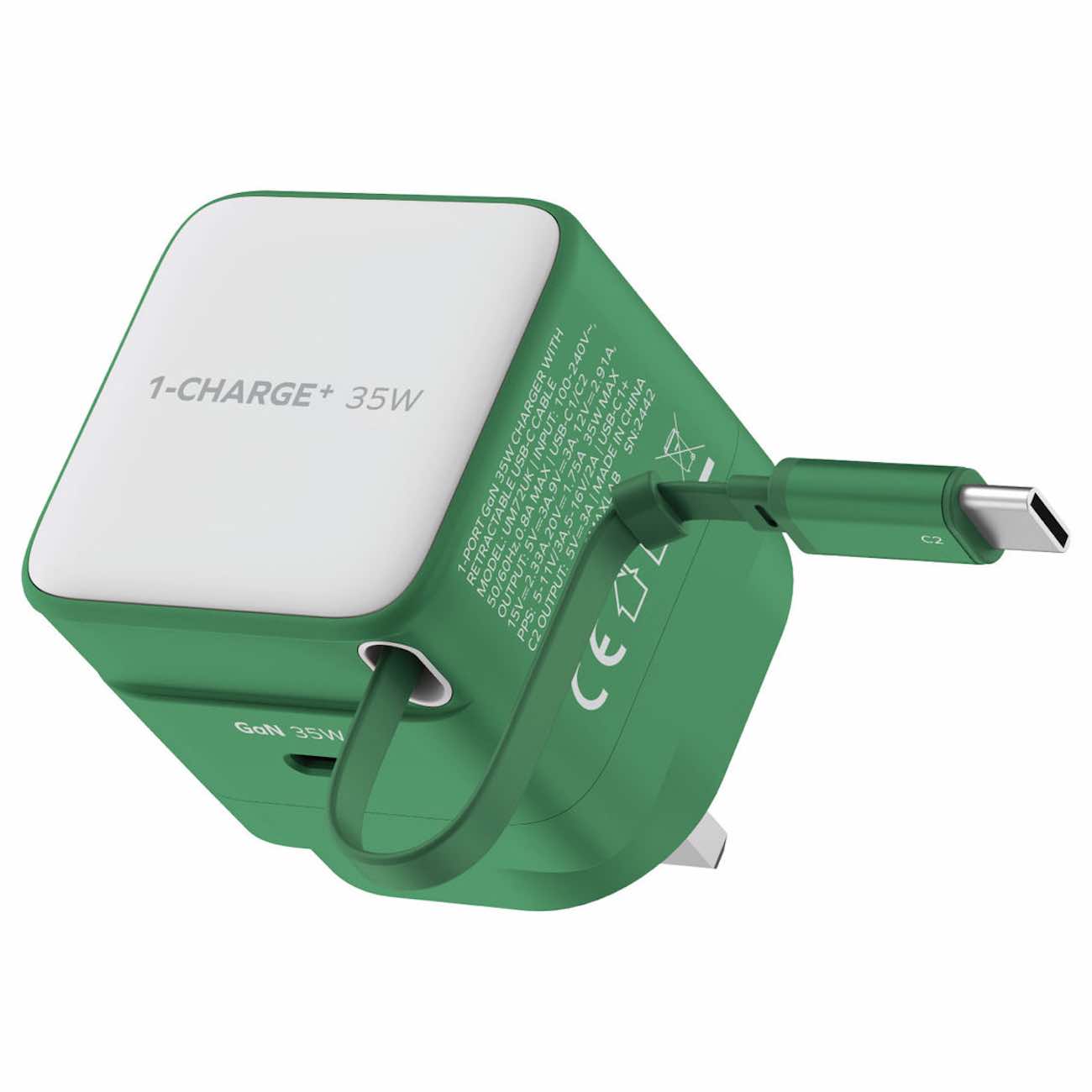 Momax 1-Charge Plus GaN Charger / 35W Power / Type-C Port / Built-in Type-C Cable / Green