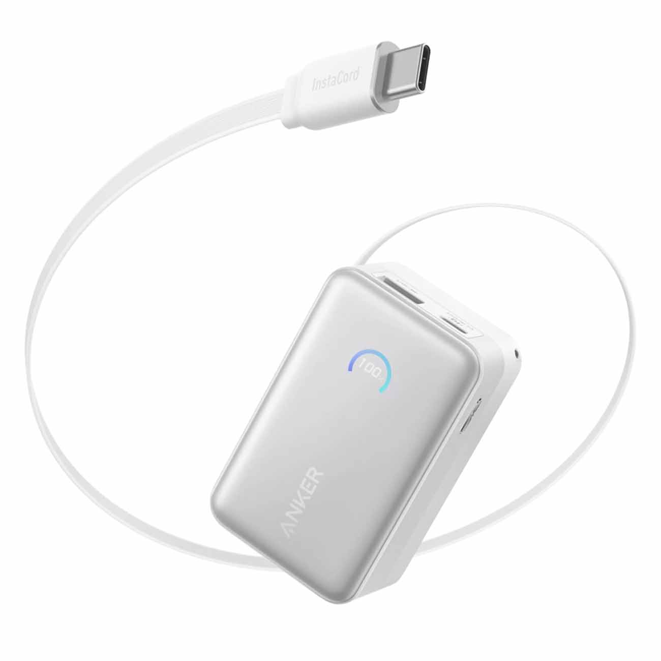 Anker Nano Power Bank / 10,000 mAh / Built-in USB-C Cable / 45W Output / White