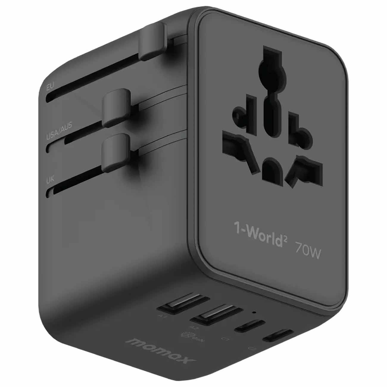 Momax Travel Charger / 2×USB-A + 3×USB-C Ports / 70W / GaN Technology / Worldwide Use / Black