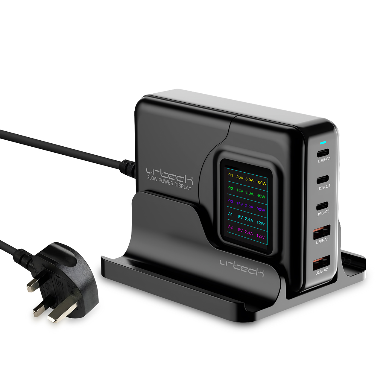 urtech GaN Charger / 200W Power / 3 Type-C Ports + 2 USB Ports / Smart LED Display