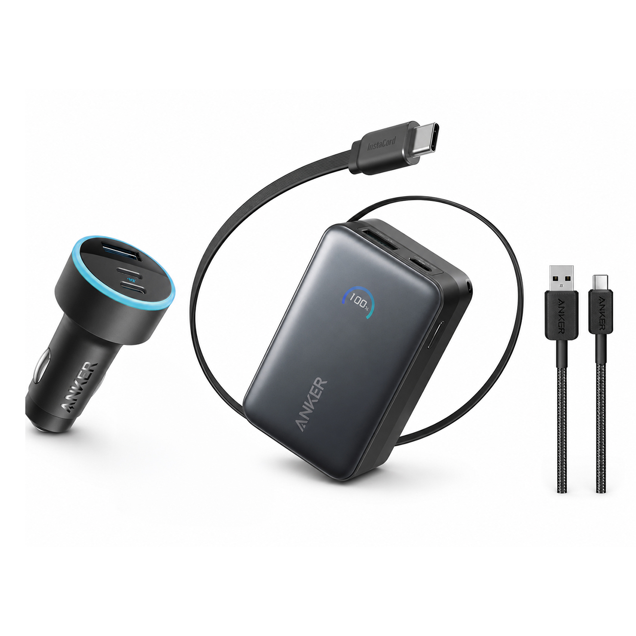 Anker 335 Car Charger with USB-C Cable + 10,000mAh Power Bank & USB-A to USB-C Cable