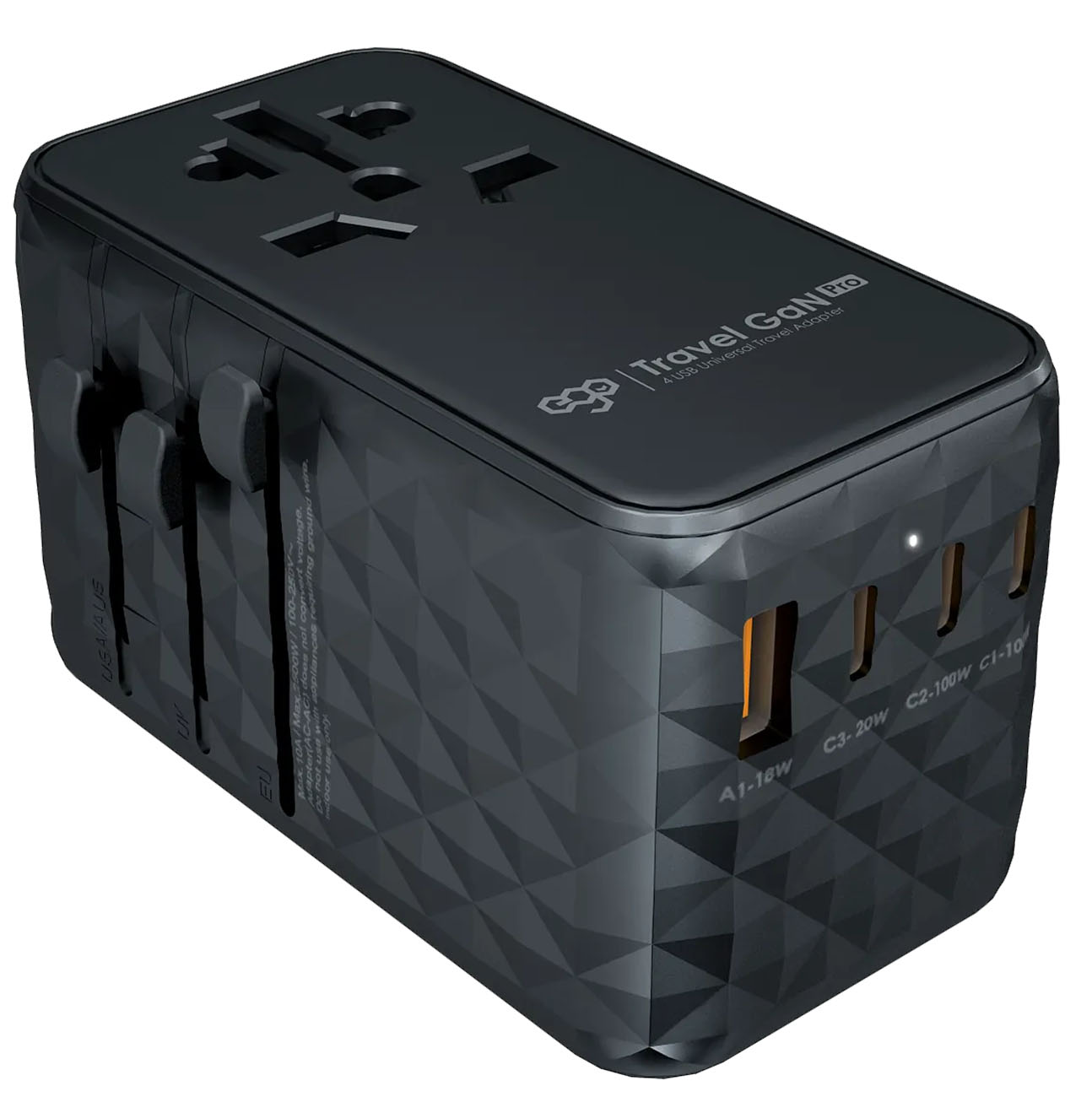 EGO Travel Adapter / With 4 Ports / Universal Compatibility / 120W Power / Black