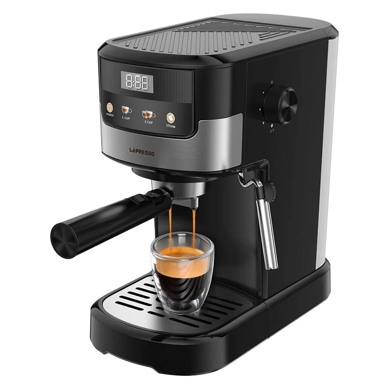 LePresso Coffee Machine / Holds 2 Cups / With Steam Frothing Wand / Black