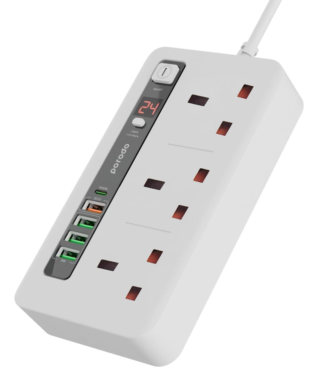 توصيلة بورودو HUB 4 مع 3 مداخل ثلاثية و 4 مداخل USB و مدخل USB تايب سي PD / ابيض