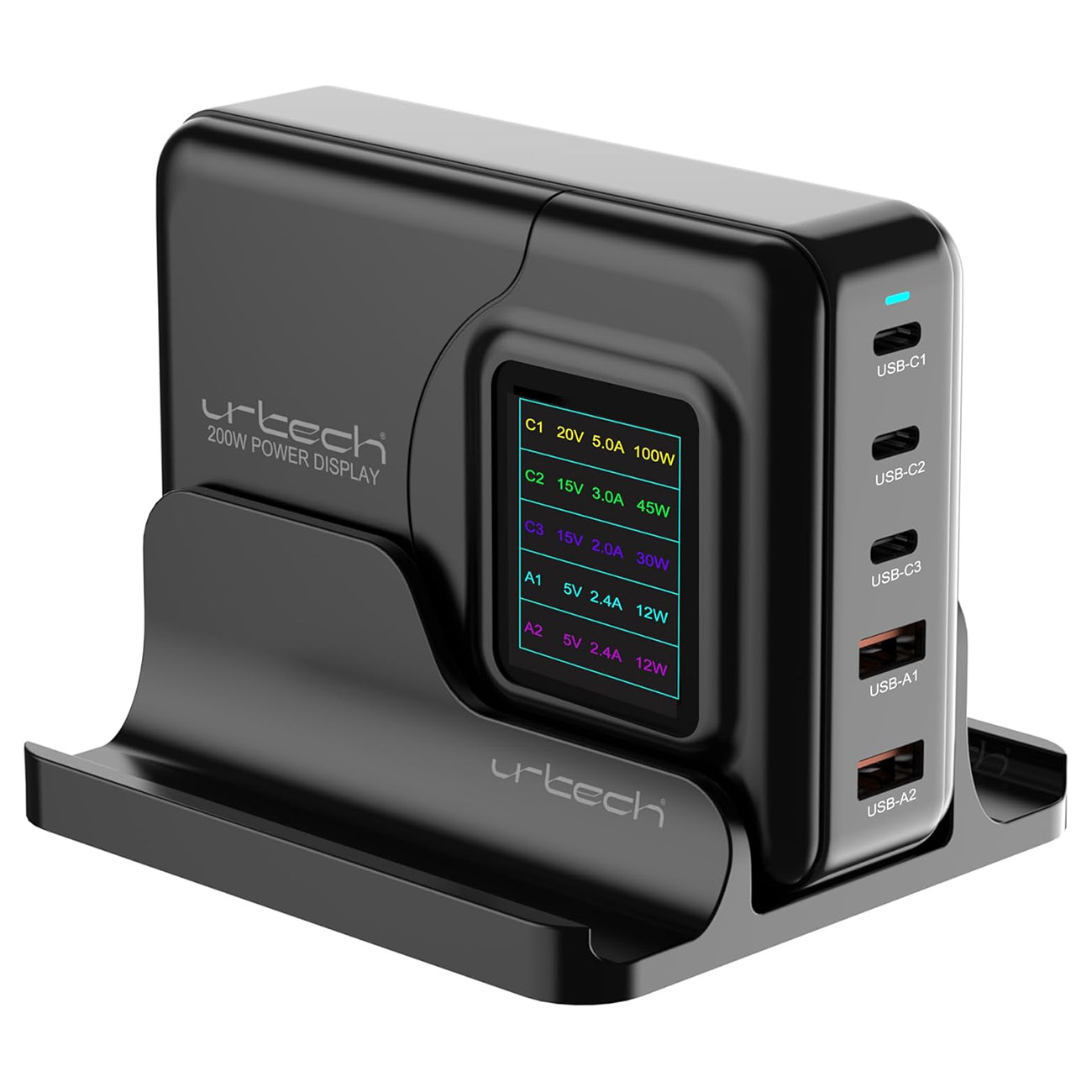 شاحن GaN من urtech / قوة 200 واط / 3 مداخل تايب سي + مدخلين USB / شاشة LED ذكية 