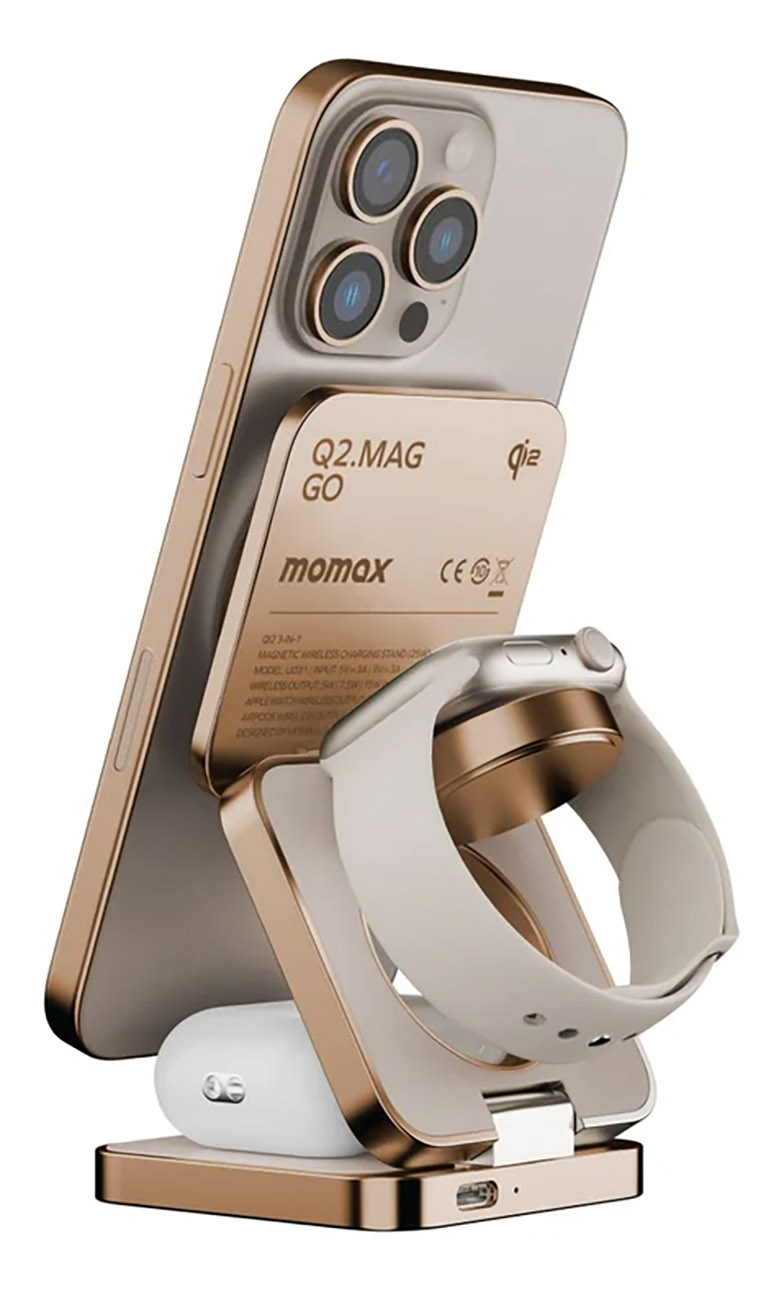 ستاند و شاحن Q2.Mag من Momax / يشحن الجوال + الساعة + الايربودز / يدعم MagSafe / لون Sandstone