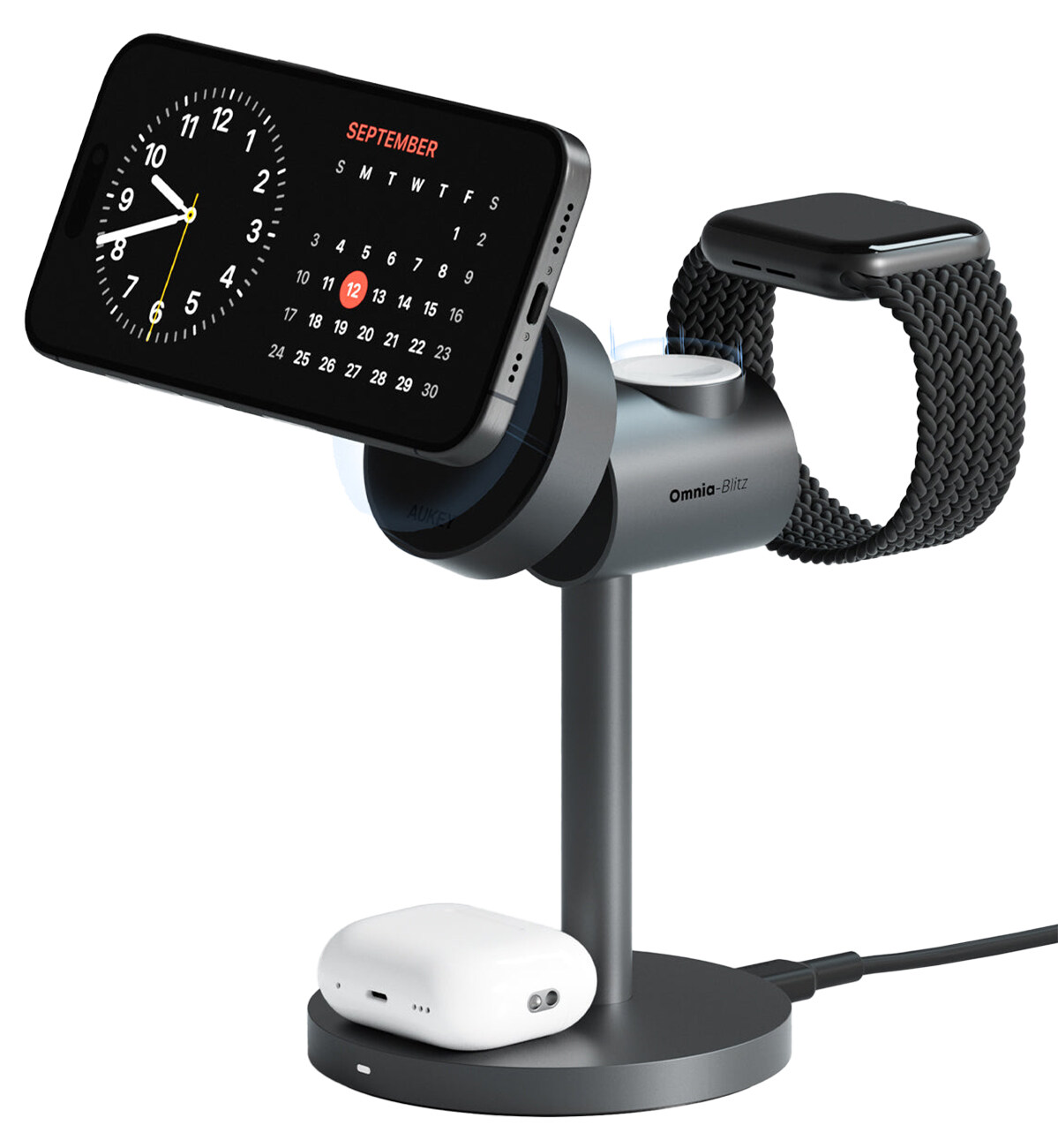 ستاند مع شاحن لاسلكي من Aukey / نوع 3 في 1 / قوة 15 واط