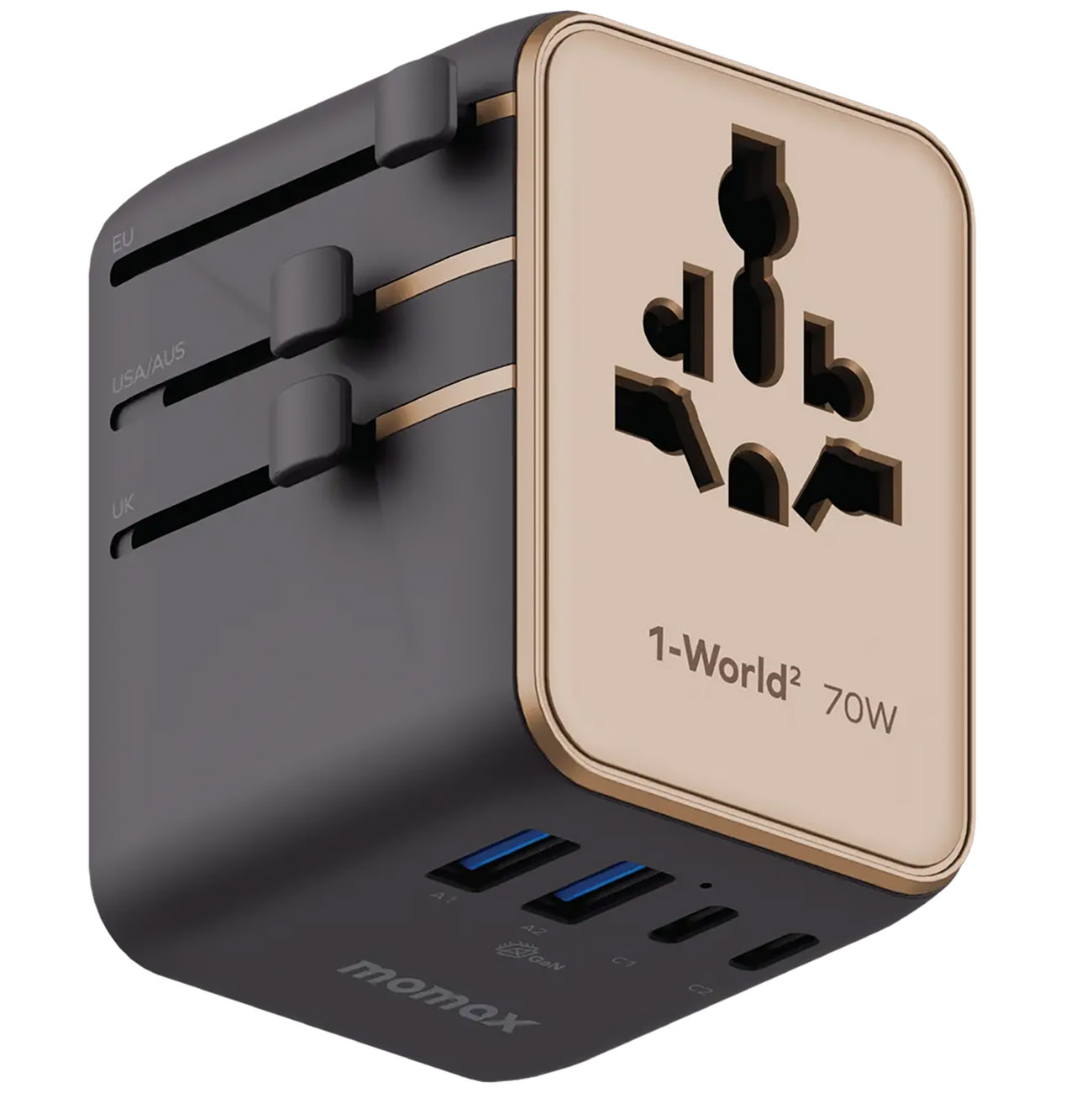 Momax World 2 Travel Adapter / 5 Ports / Supports Over 180 Countries / 70W Power / Titanium