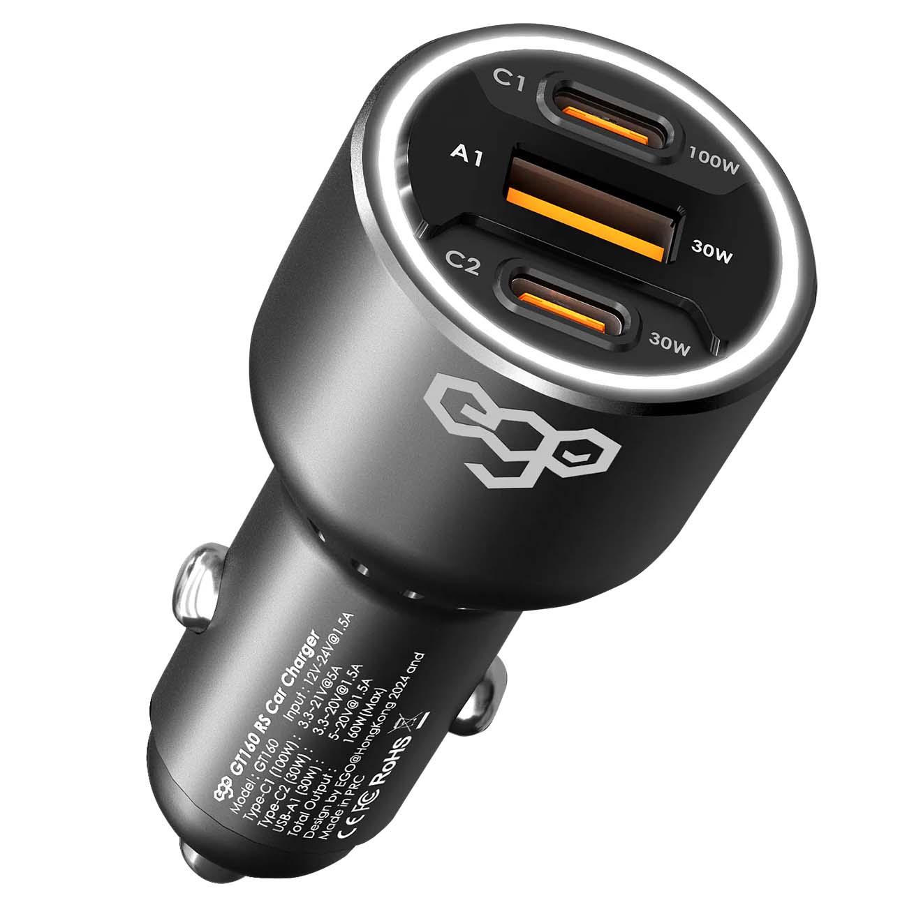 ego Car charger / 2 Type-C Ports + 1 USB port / 160W Power