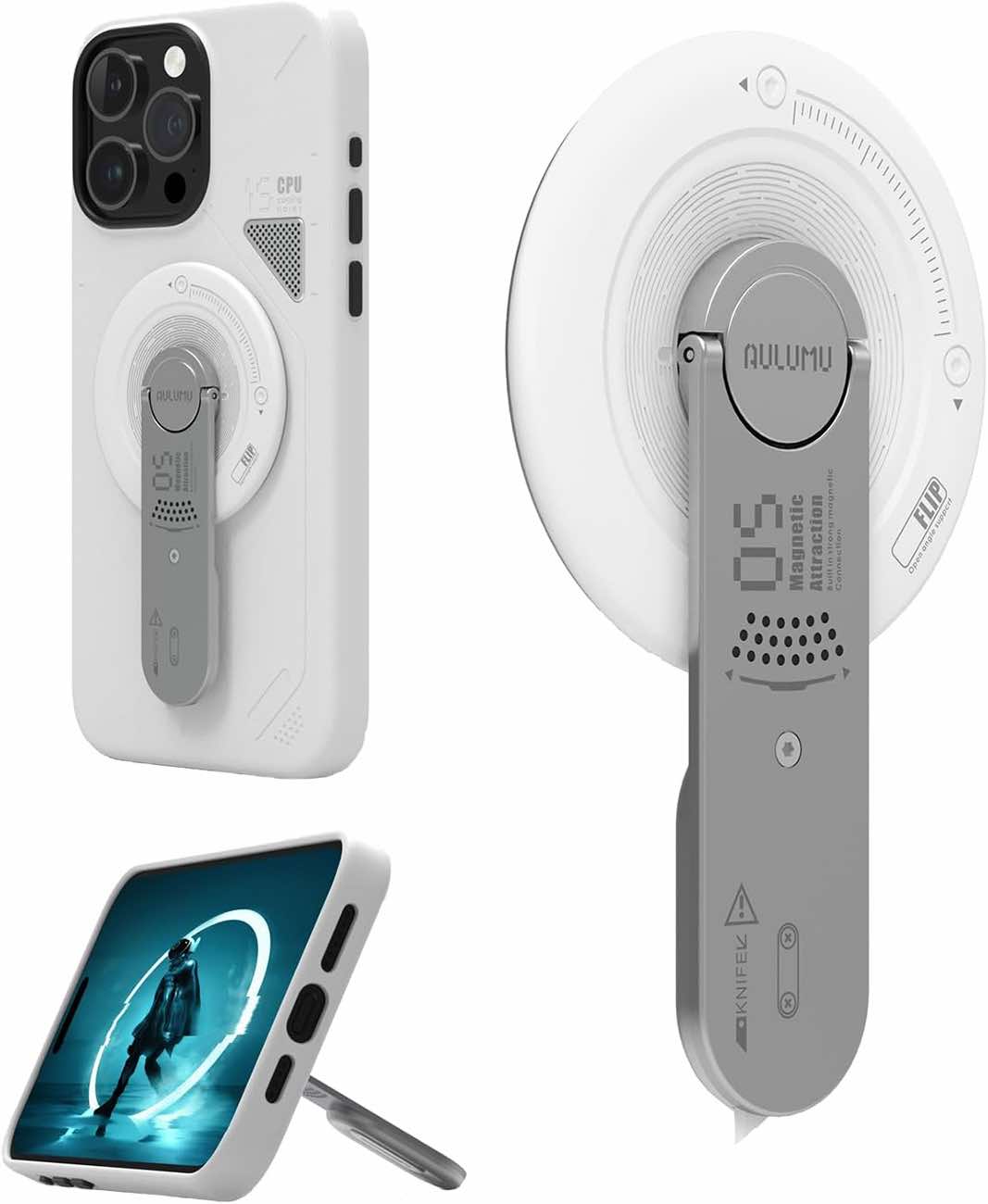 مسكة + ستاند G05 للجوال من Aulumu / تدعم MagSafe / قابل للدوران 360 درجة / ابيض