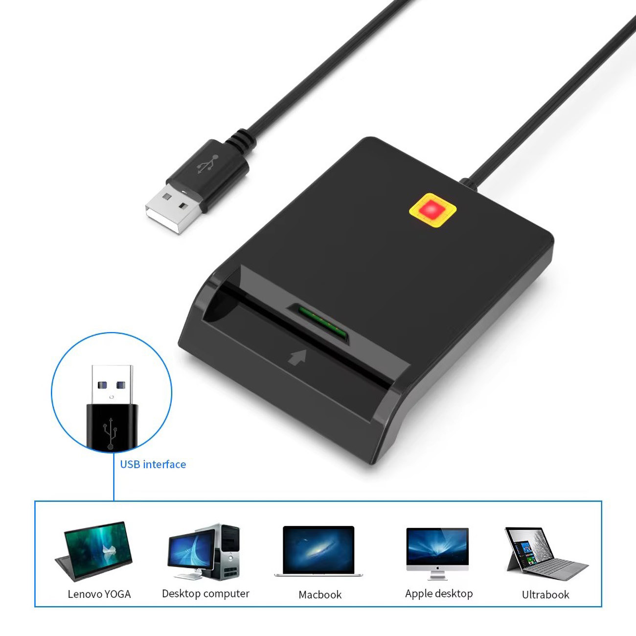 Bundle / Smart Card Reader with USB Port + Unitek Adapter USB to Type-C ...