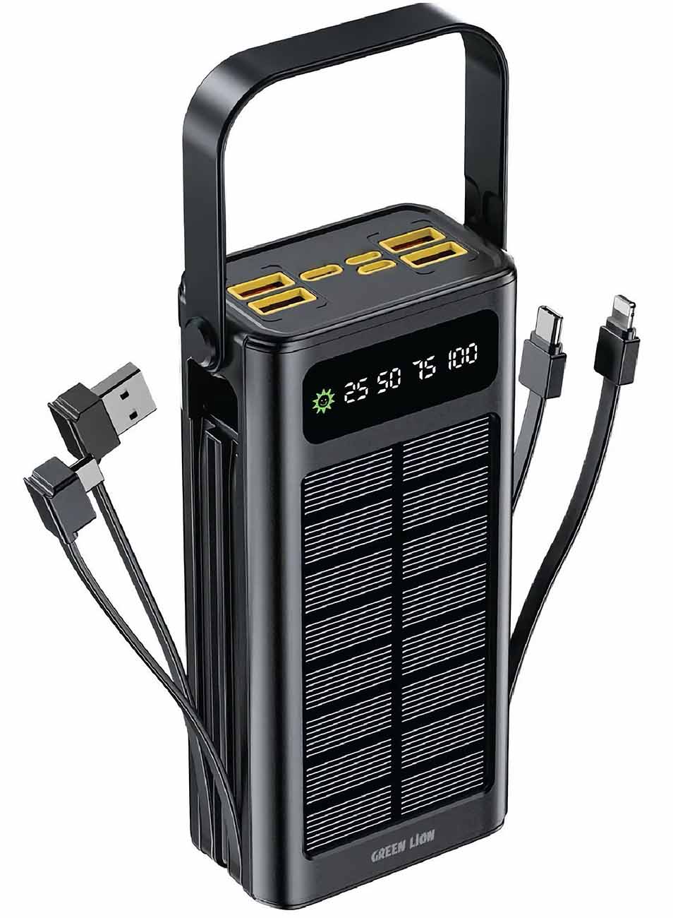 Green Solar X Power Bank / 30,000mAh / With Solar Panel / 7 Ports + 4 Built-in Cables