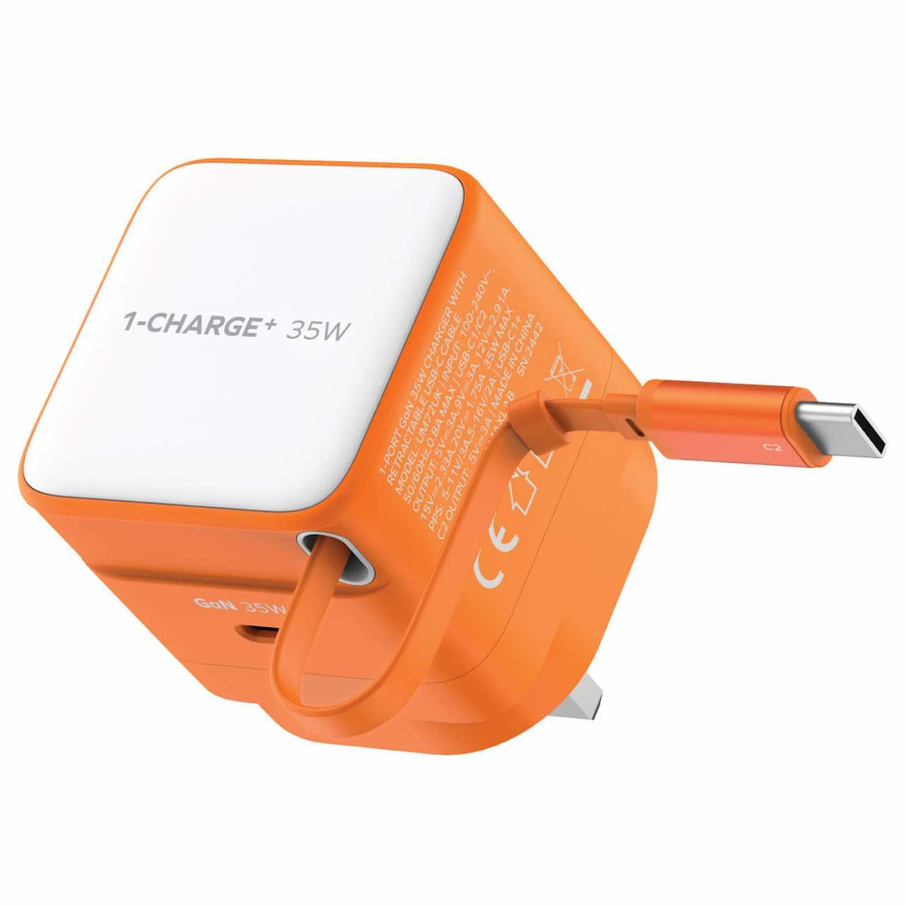 Momax 1-Charge Plus GaN Charger / 35W Power / Type-C Port / Built-in Type-C Cable / Orange
