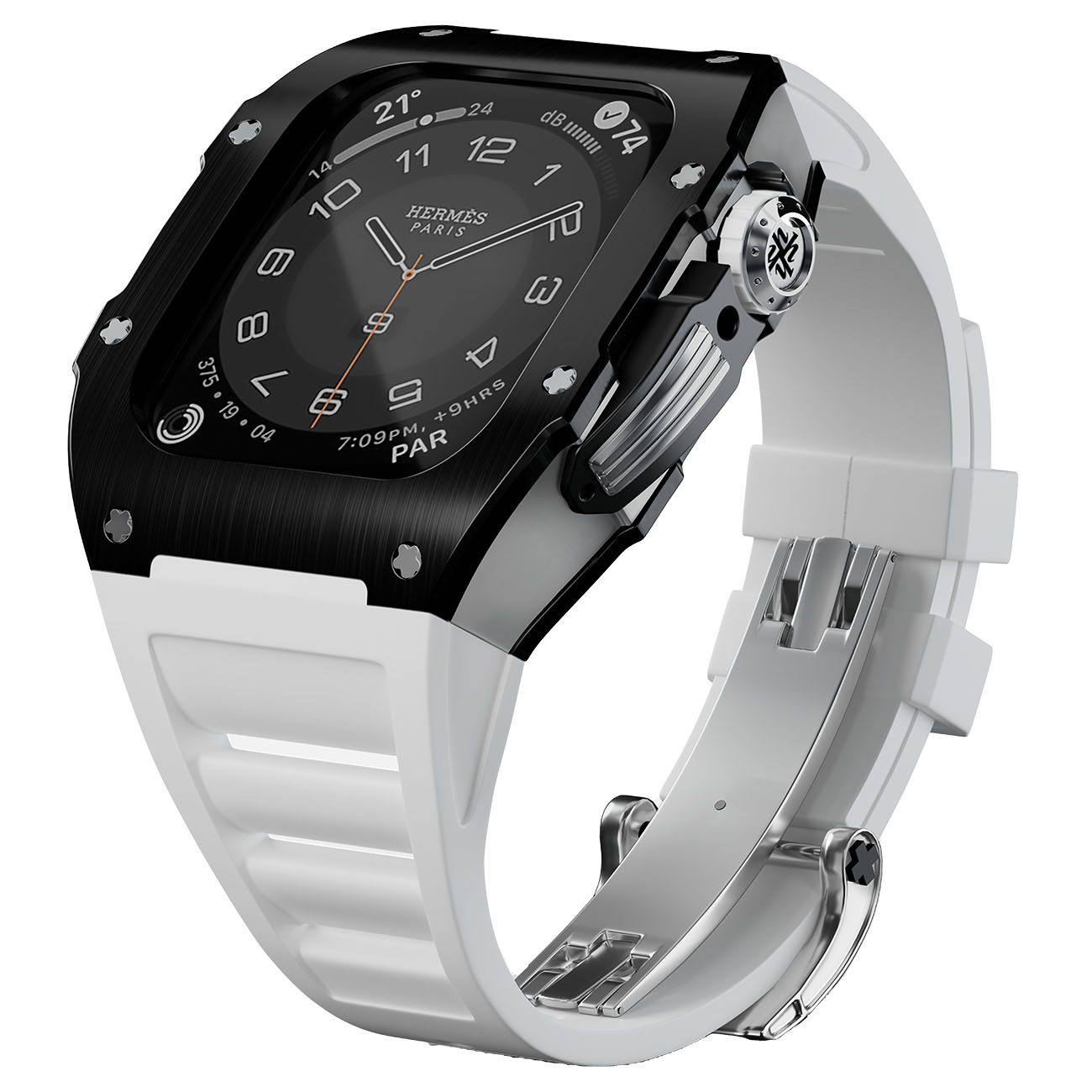 كيس و سير ساعة ابل Hallvint Empire Silver / حجم 44 و 45 / كيس اسود وفضي مع سير ابيض