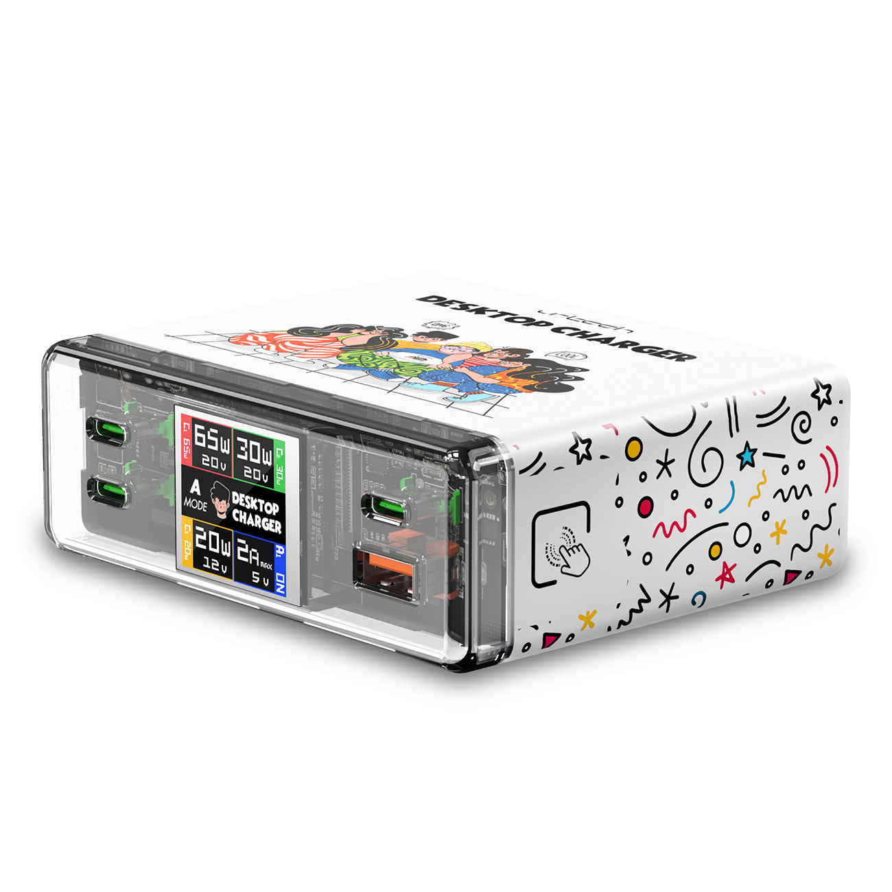 urtech ChargieBuddy Smart Charger / 3 Type-C + 1 USB-A Ports / 130W Power / Interactive Character
