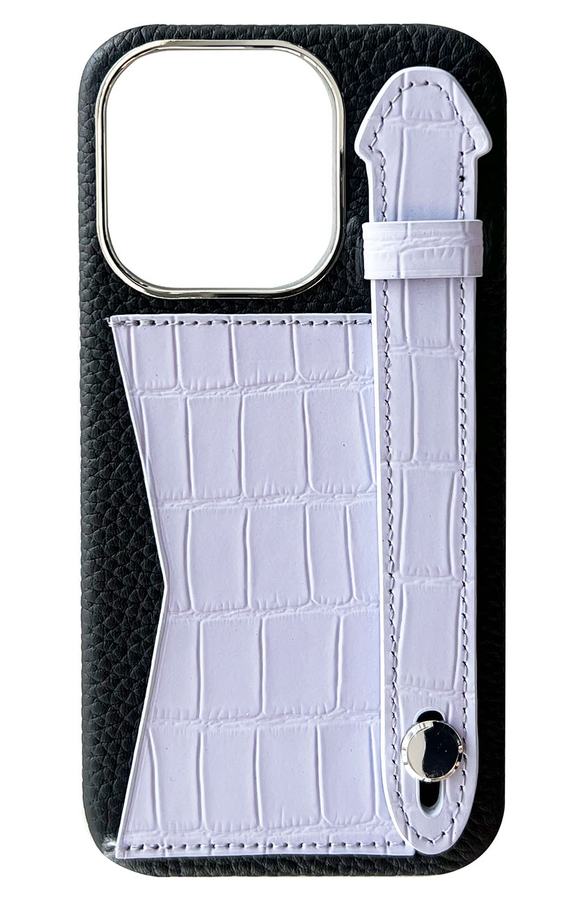 Double A iPhone 14 Pro Leather Case / Qatari Brand / Card Holder & Grip / Black & Lilac