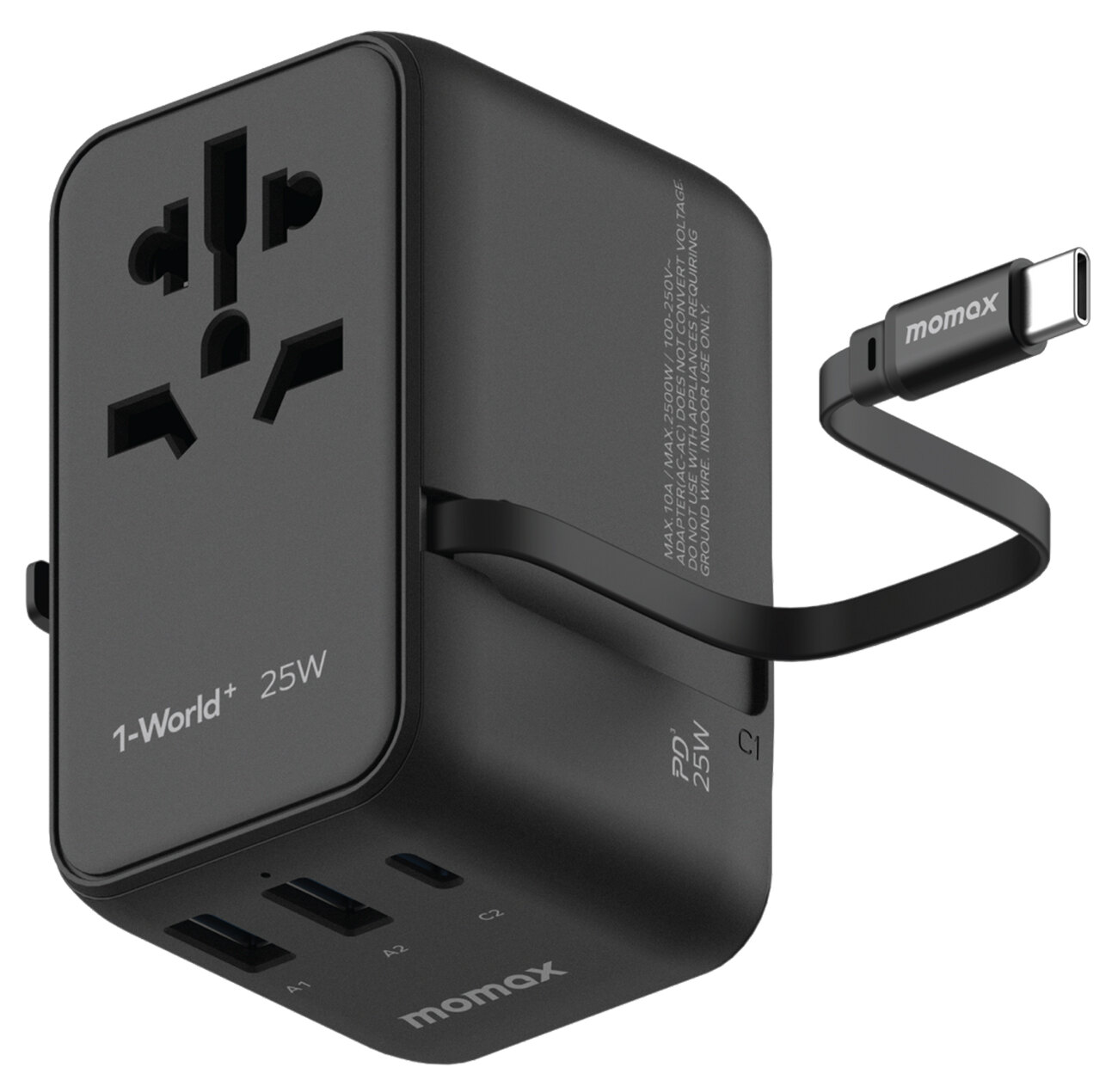 Momax World Charger / 1 Type-C + 2 USB Ports / 25 Watts / Built-in Type-C Cable / Black