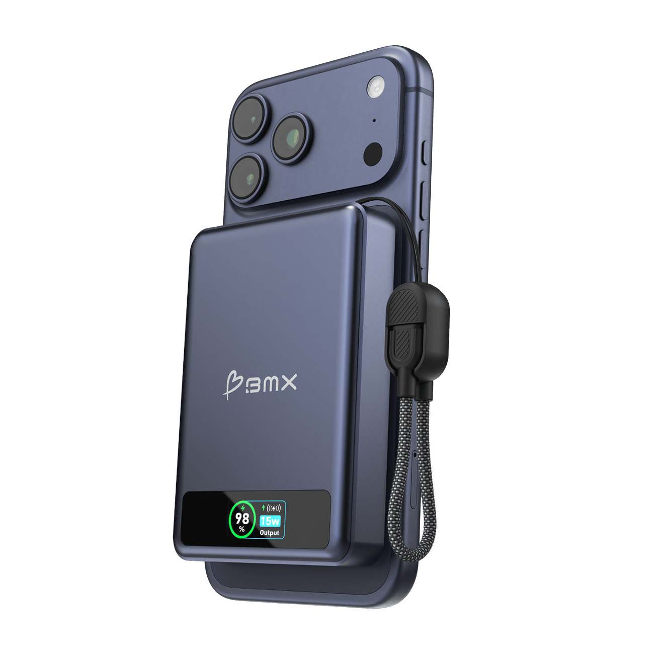 BMX 10,000mAh Solid State Power Bank / 2 Type-C + Wireless Charging / Built-in Type-C Cable / Blue