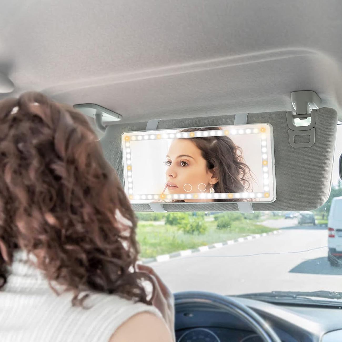 مراية مكياج LED للسيارة / مع حزام تثبيت / 3 مستويات اضاءة / تعمل بالبطارية / ابيض