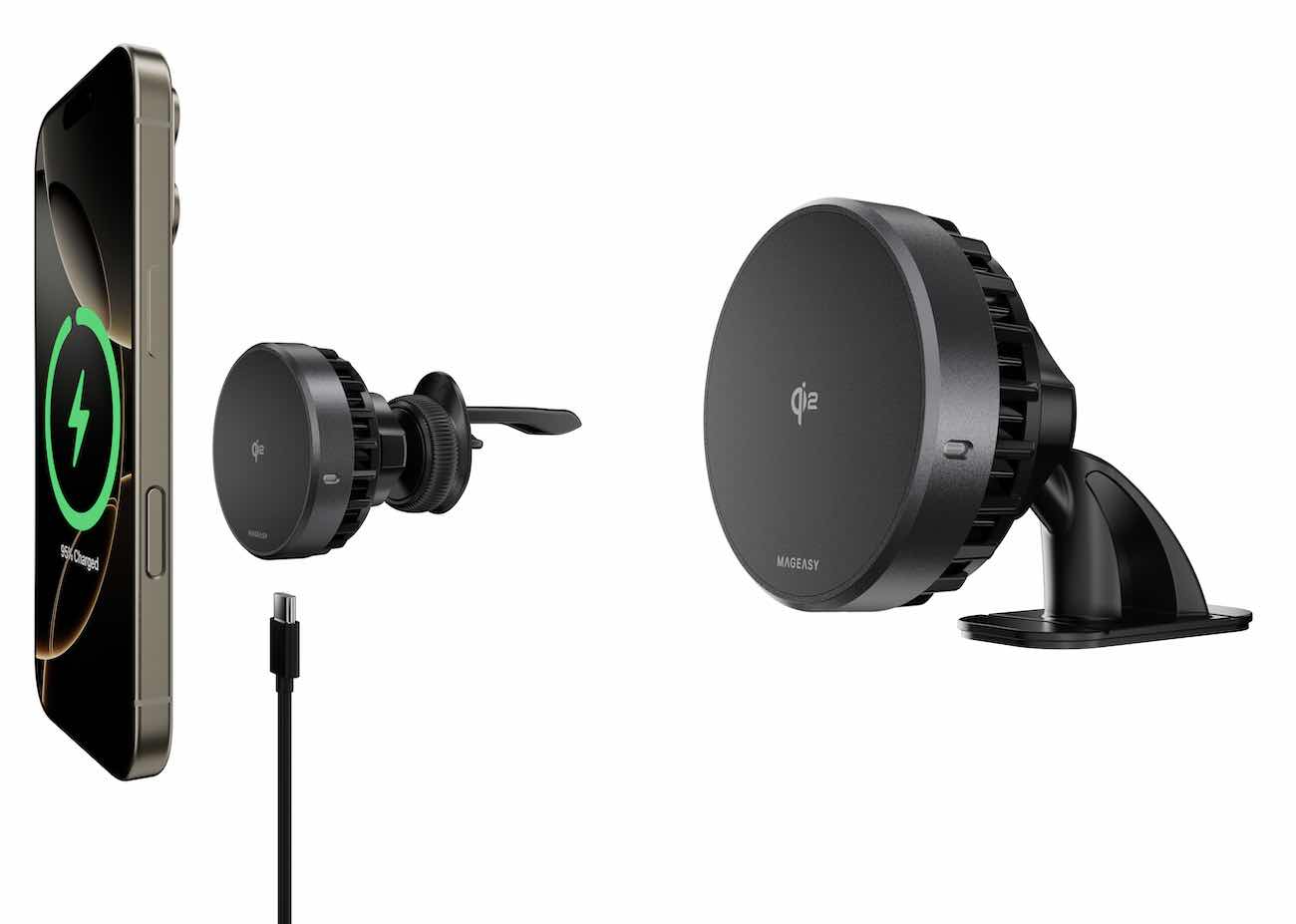 ستاند MagEasy MagMount / يثبت في مكيف + طبلون السيارة / شحن لاسلكي Qi2 / يدعم MagSafe / تبريد مدمج