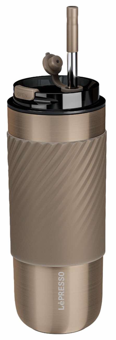 Lepresso Coffee Mug With Straw / 520ml / Keeps Drinks Cold & Hot / Gold