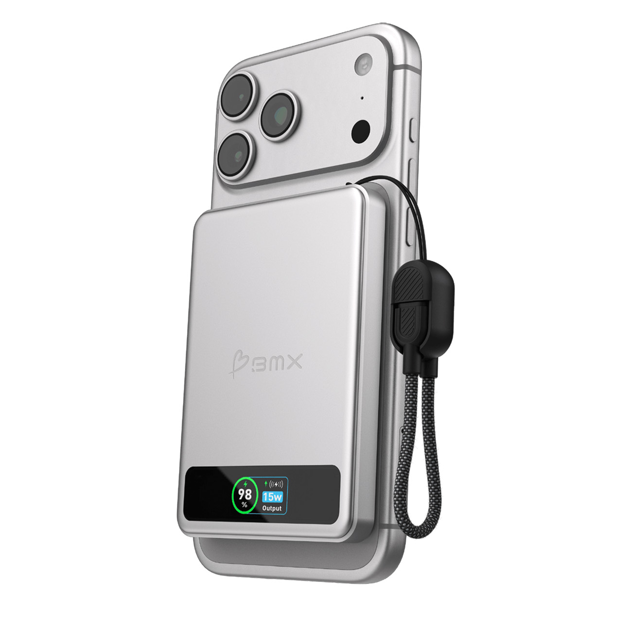 BMX 5,000mAh Power Bank / 1 Type-C Port + Wireless Charging / Built-in Type-C Cable / Silver