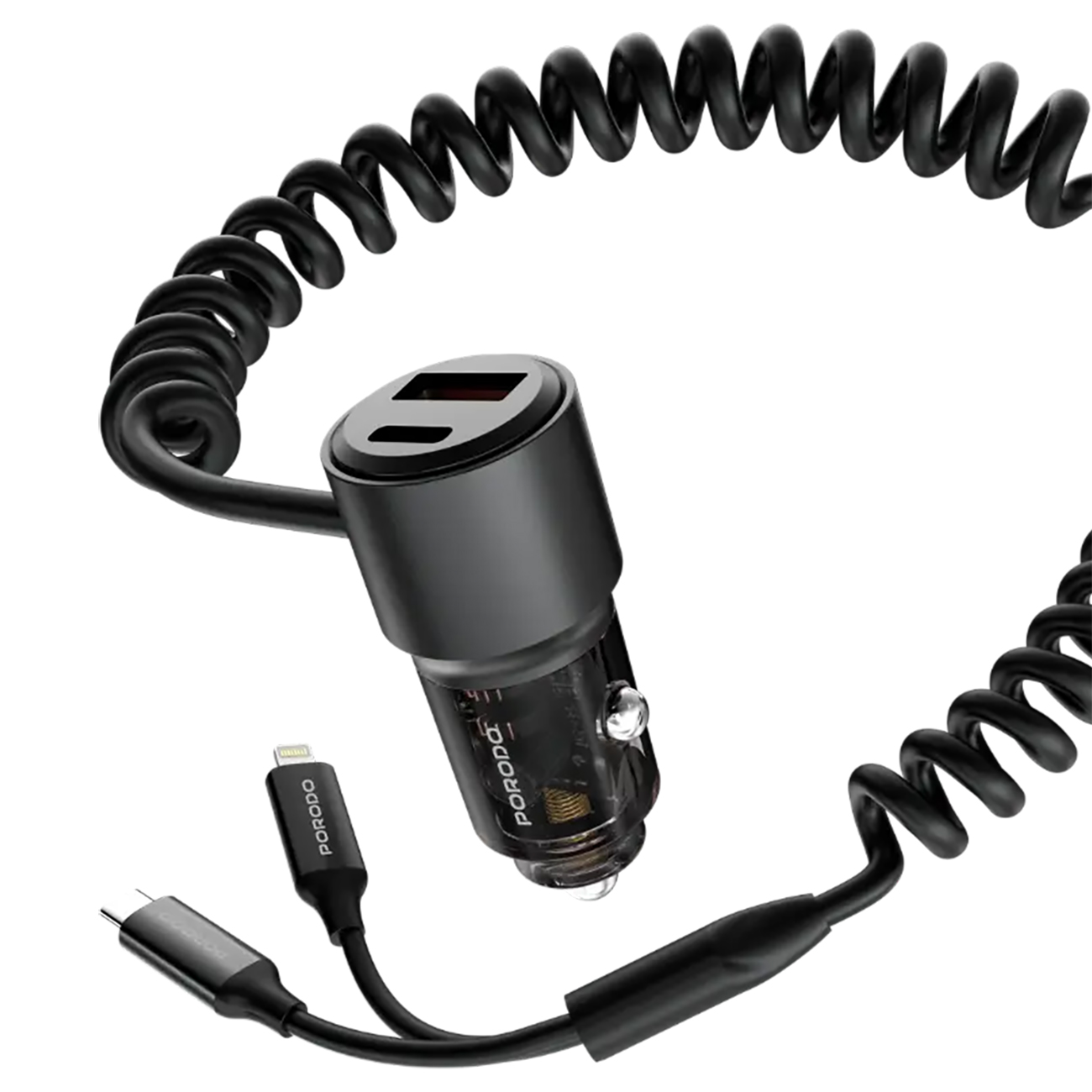 Porodo Car Charger / Type-C Port + USB Port / 95W Power / With Built-in Type-C & Lightning Cables 